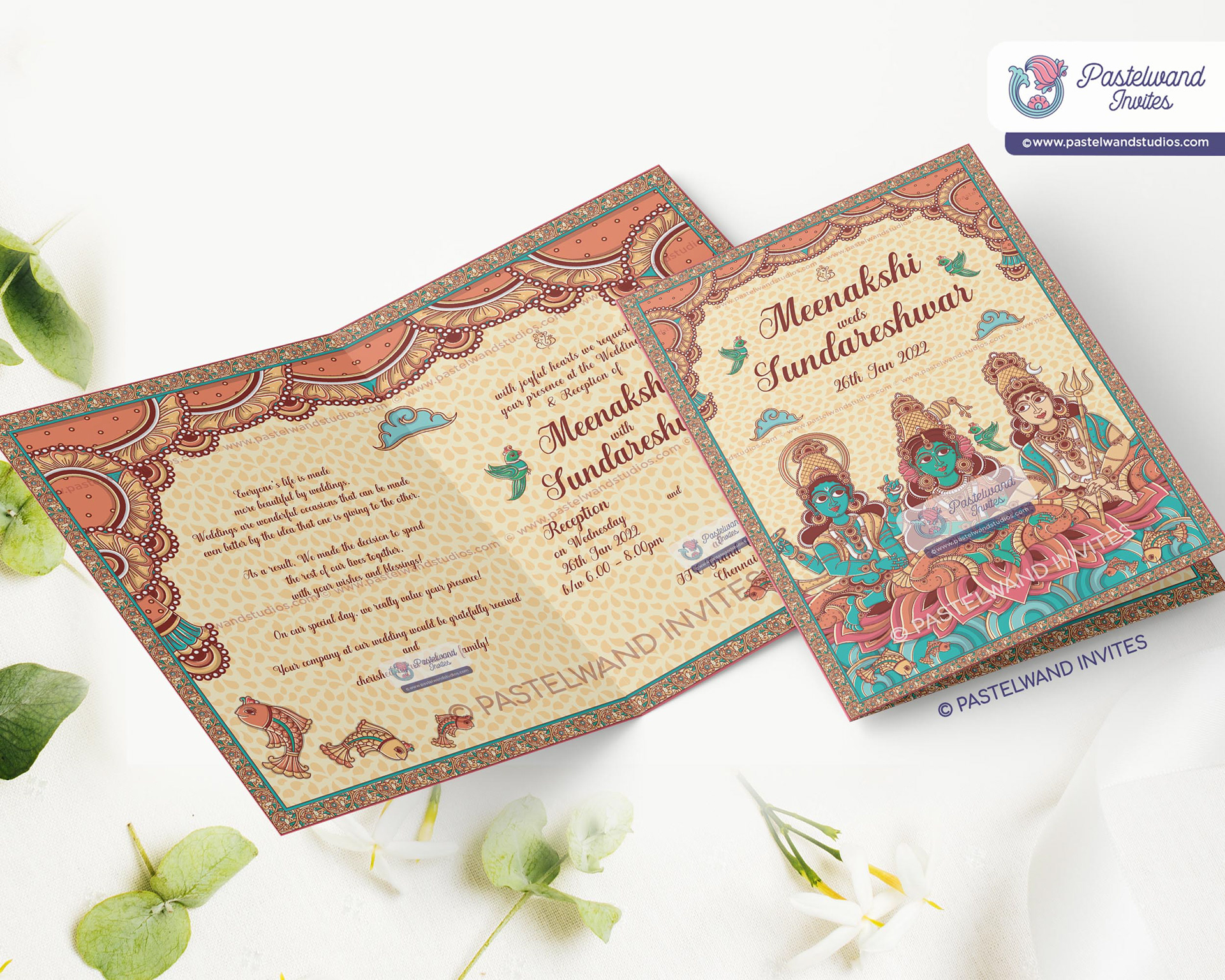 Indian Kalamkari wedding invitation of Shiva Parvati, a traditional Indian folk art from Andhra Pradesh, created in Adobe Illustrator