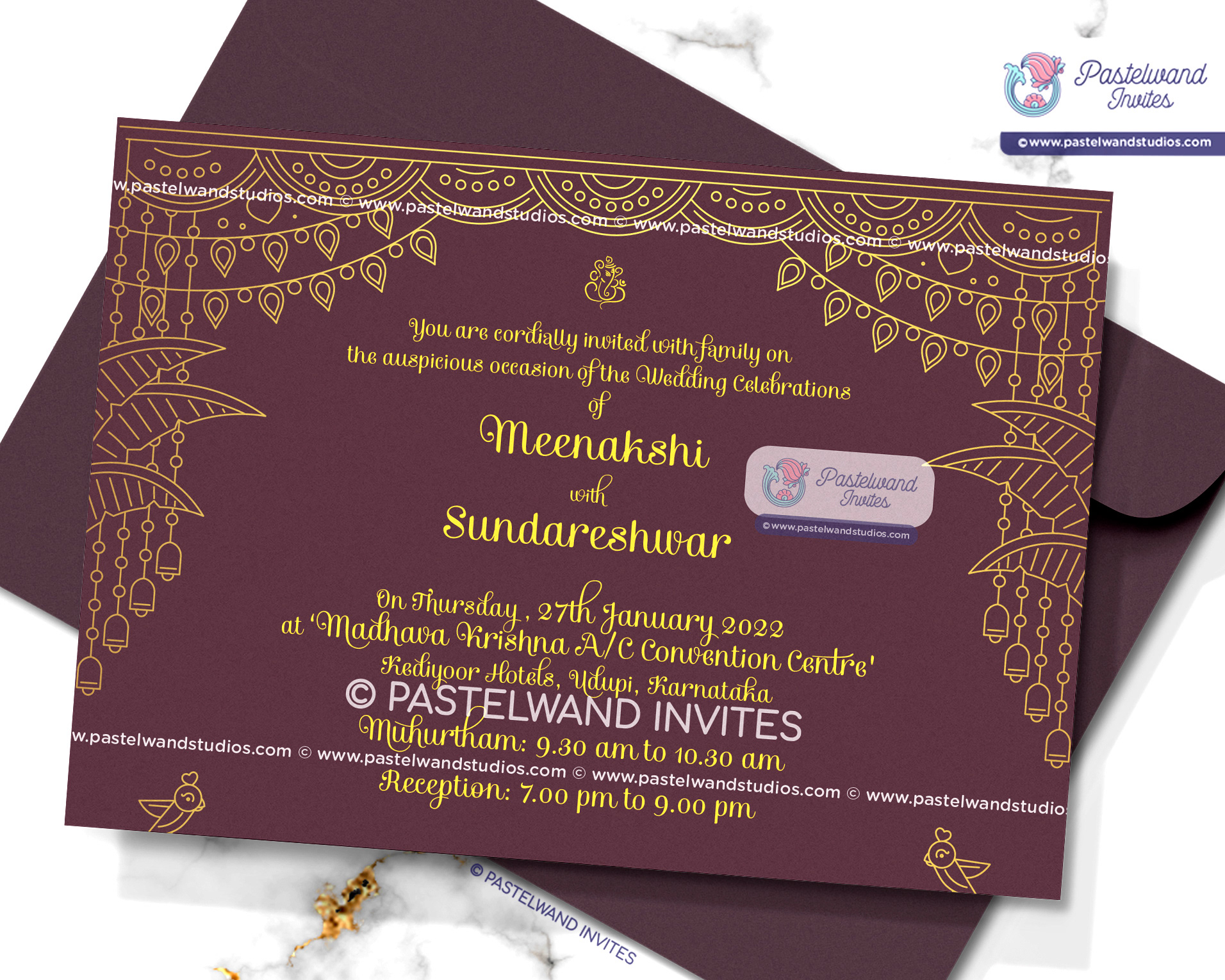 Grand and luxurious gold foil Indian wedding invitation depicting Meenakshi's Thirukalyanam, also known as the Madurai Wedding.