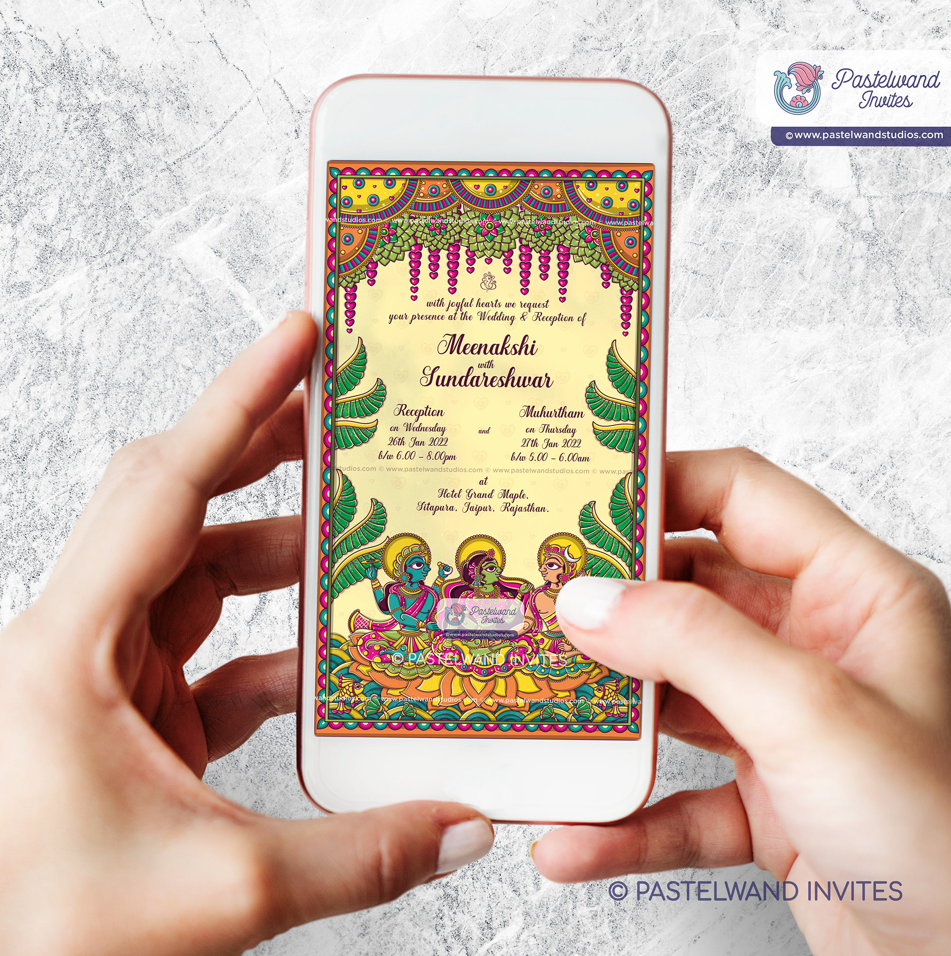 Creative Wedding Invitation of Shiva and Parvati in Rajasthan's phad painting style, an Indian Folk Art created in Adobe Illustrator