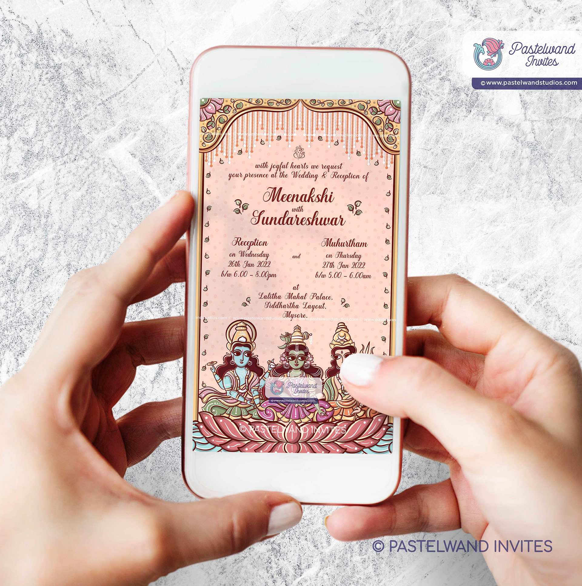 Beautiful Bengal pattachitra wedding invitation portraying Meenakshi Sundareshwarar in Jamini Roy style.