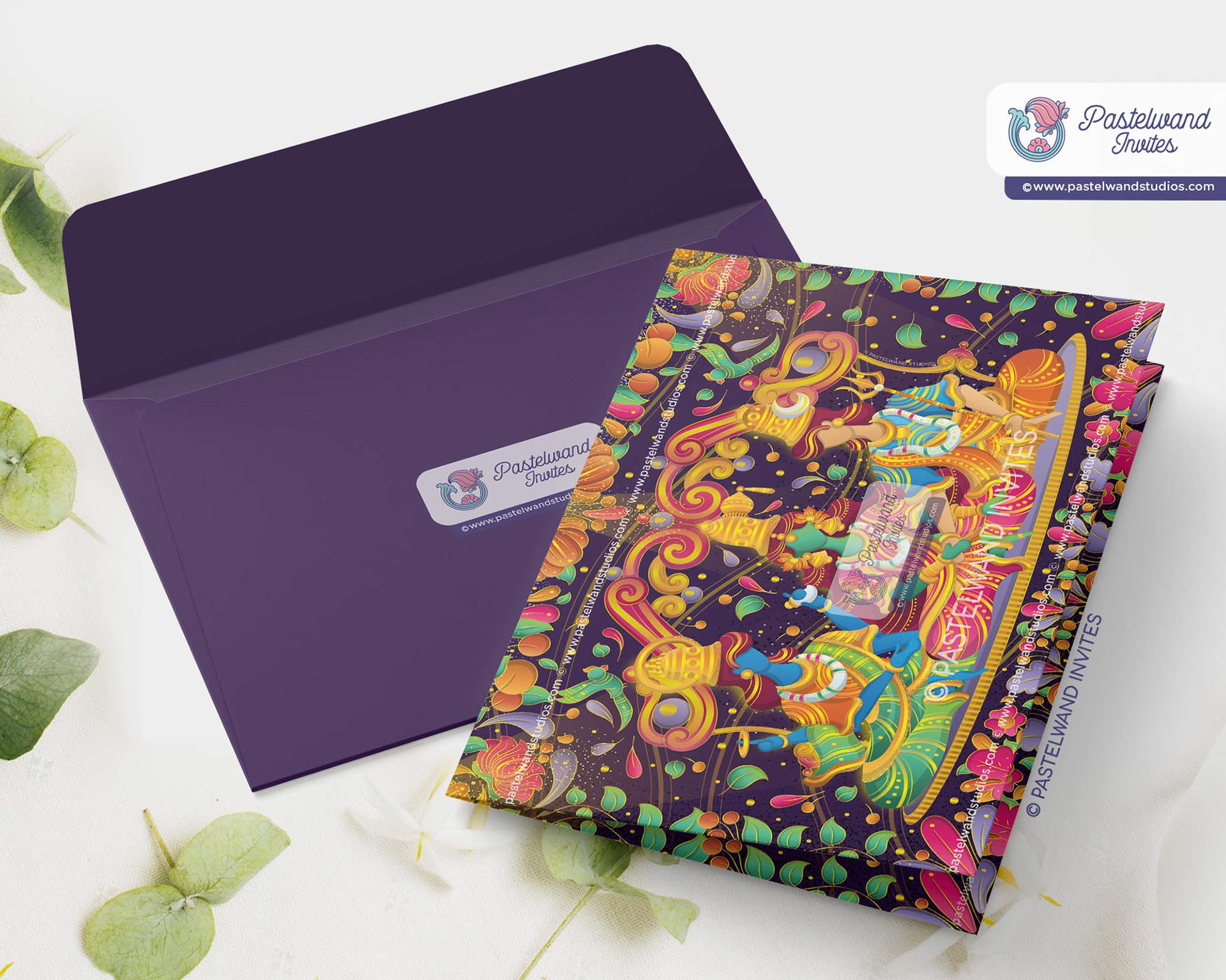 Shiva and Parvati's wedding Invitation was created in Adobe Illustrator in the avant-garde European Art Deco flat illustration style.