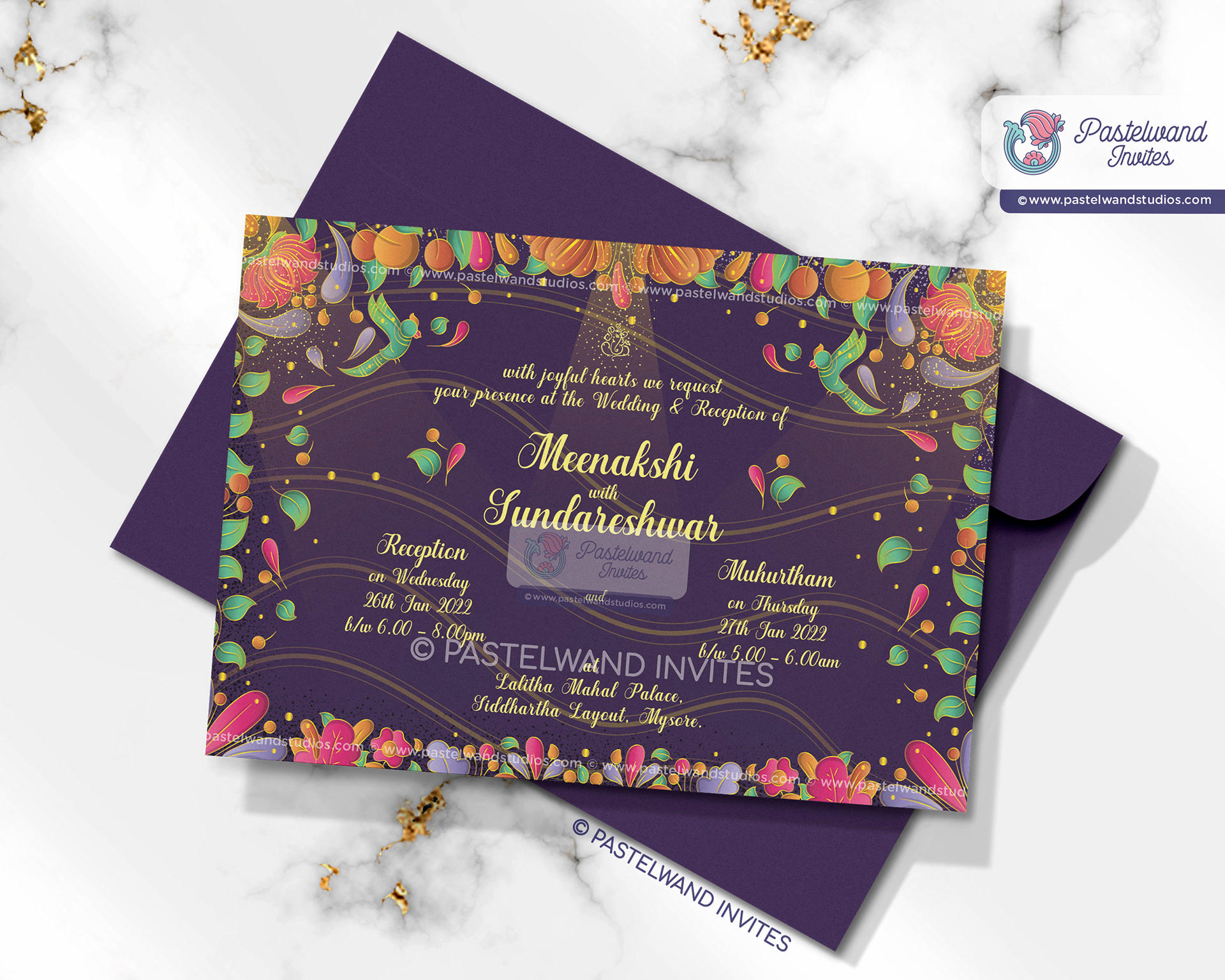 Shiva and Parvati's wedding Invitation was created in Adobe Illustrator in the avant-garde European Art Deco flat illustration style.