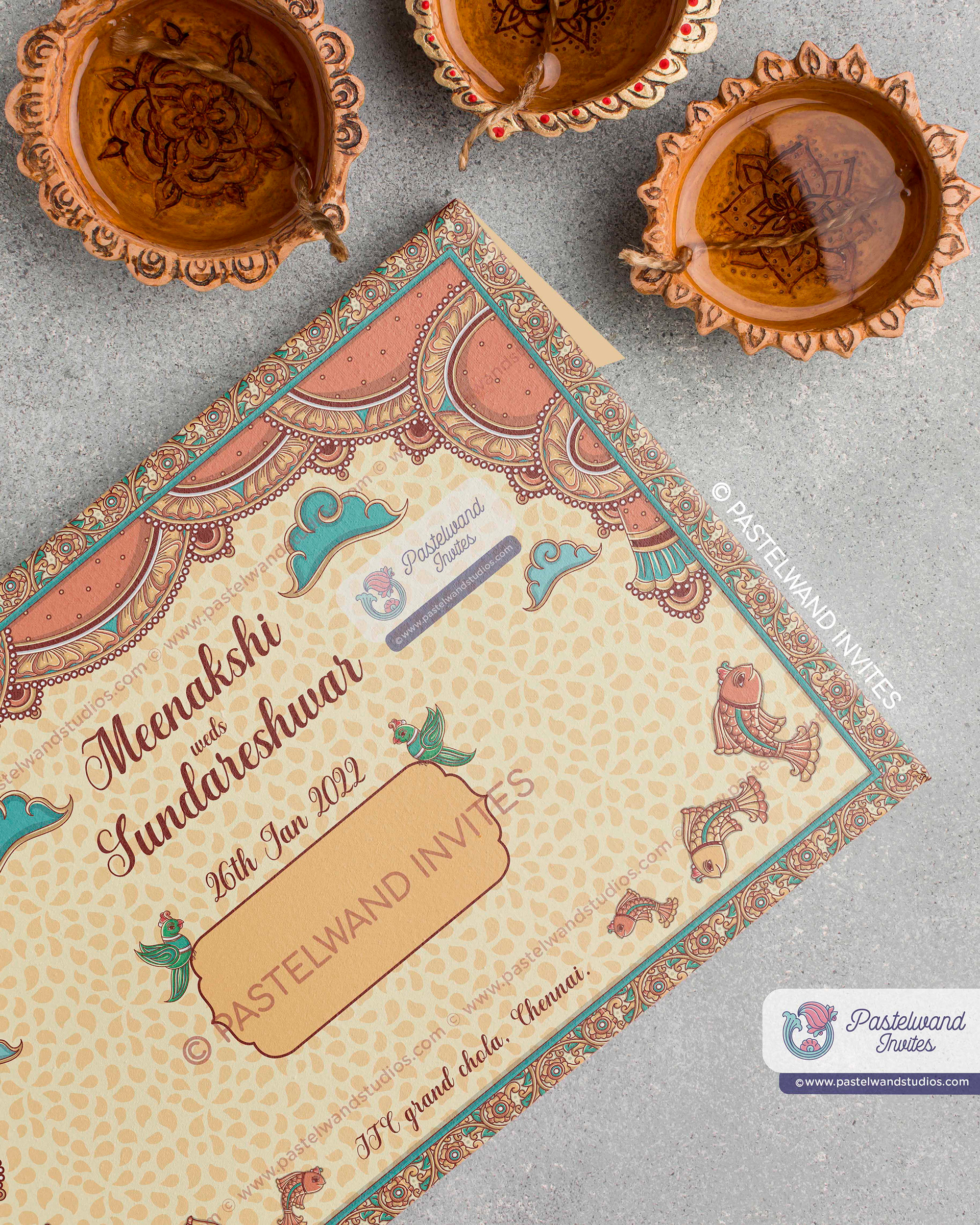 Indian Kalamkari wedding invitation of Shiva Parvati, a traditional Indian folk art from Andhra Pradesh, created in Adobe Illustrator