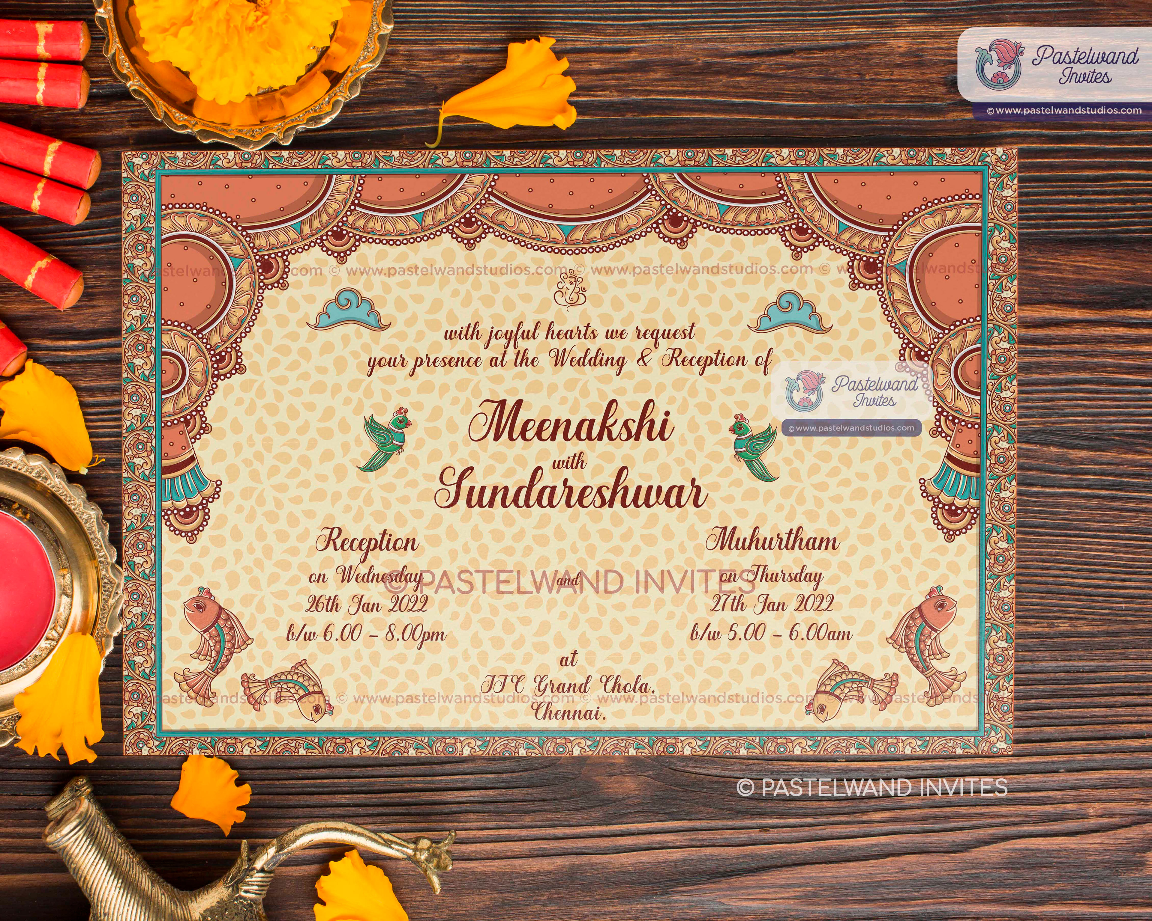 Indian Kalamkari wedding invitation of Shiva Parvati, a traditional Indian folk art from Andhra Pradesh, created in Adobe Illustrator