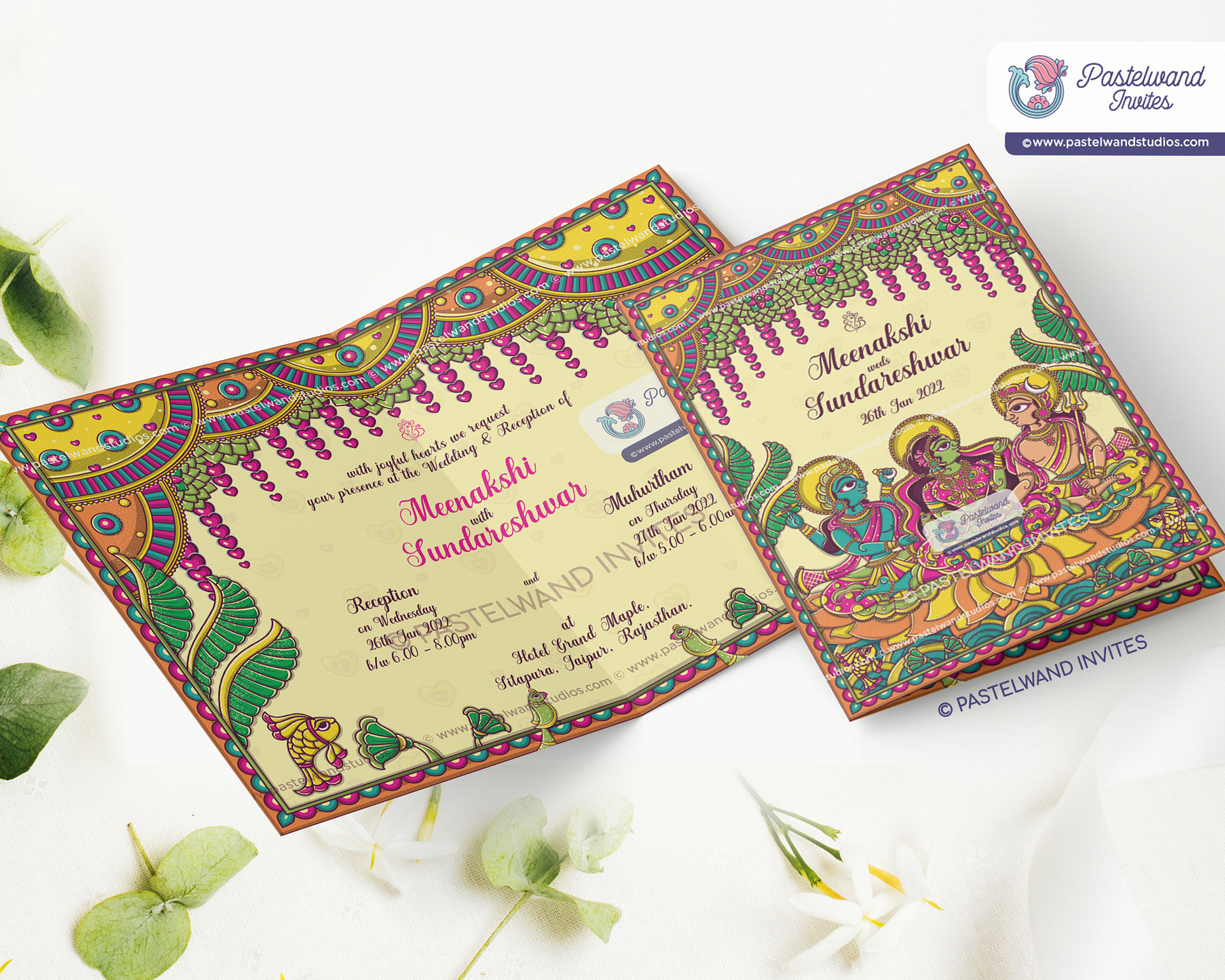 Creative Wedding Invitation of Shiva and Parvati in Rajasthan's phad painting style, an Indian Folk Art created in Adobe Illustrator