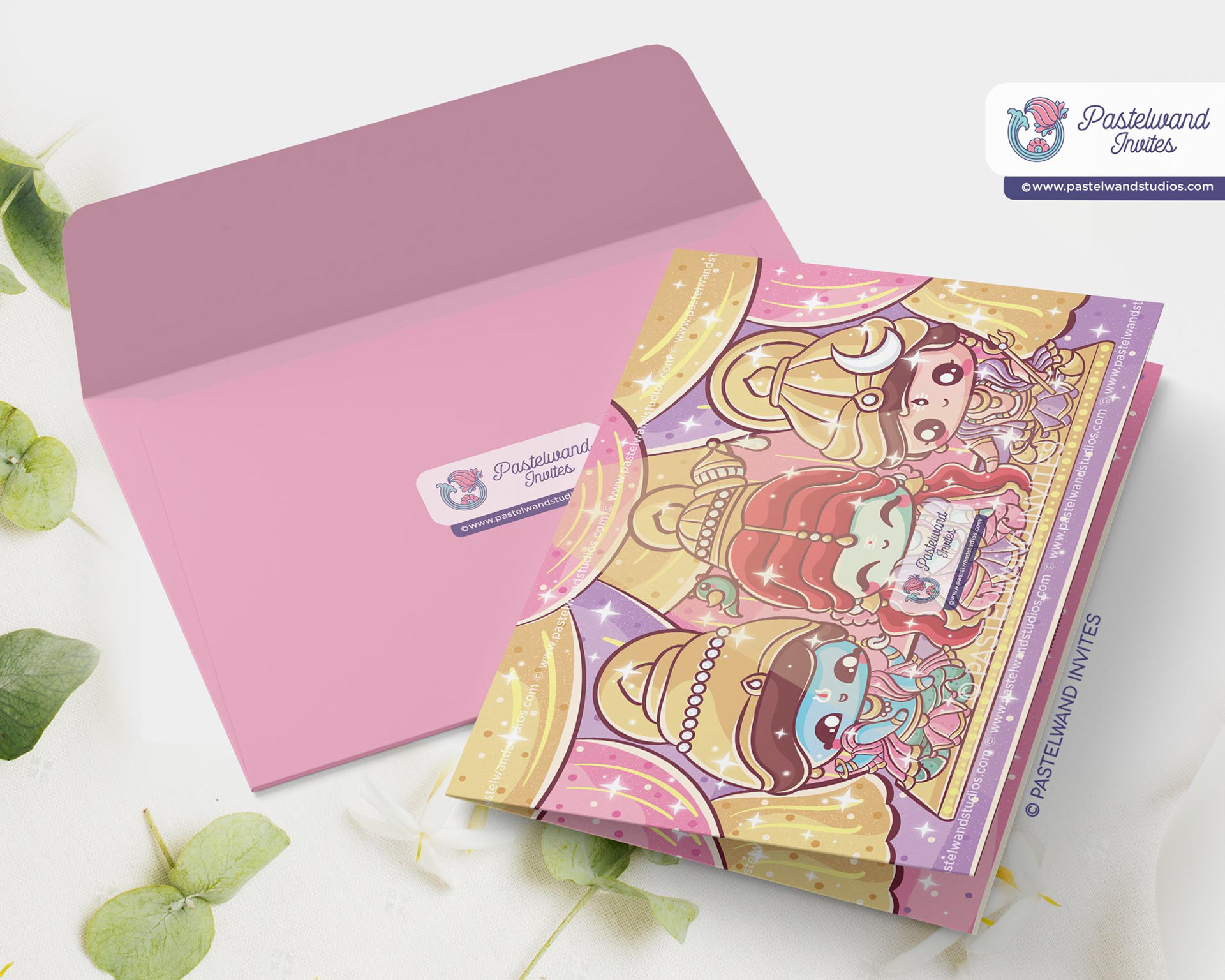 Cute baby shiva parvati madurai Indian wedding invitation created in Adobe Illustrator in lovely pastel colours