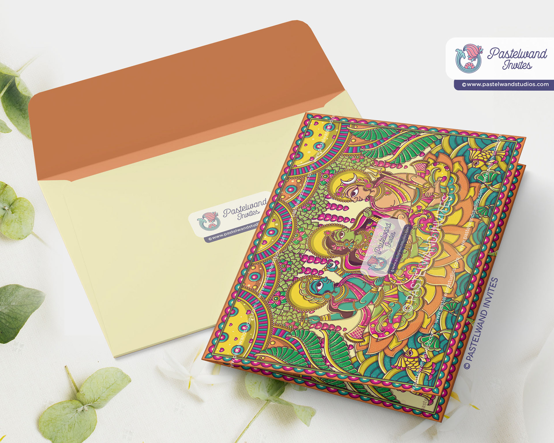 Creative Wedding Invitation of Shiva and Parvati in Rajasthan's phad painting style, an Indian Folk Art created in Adobe Illustrator