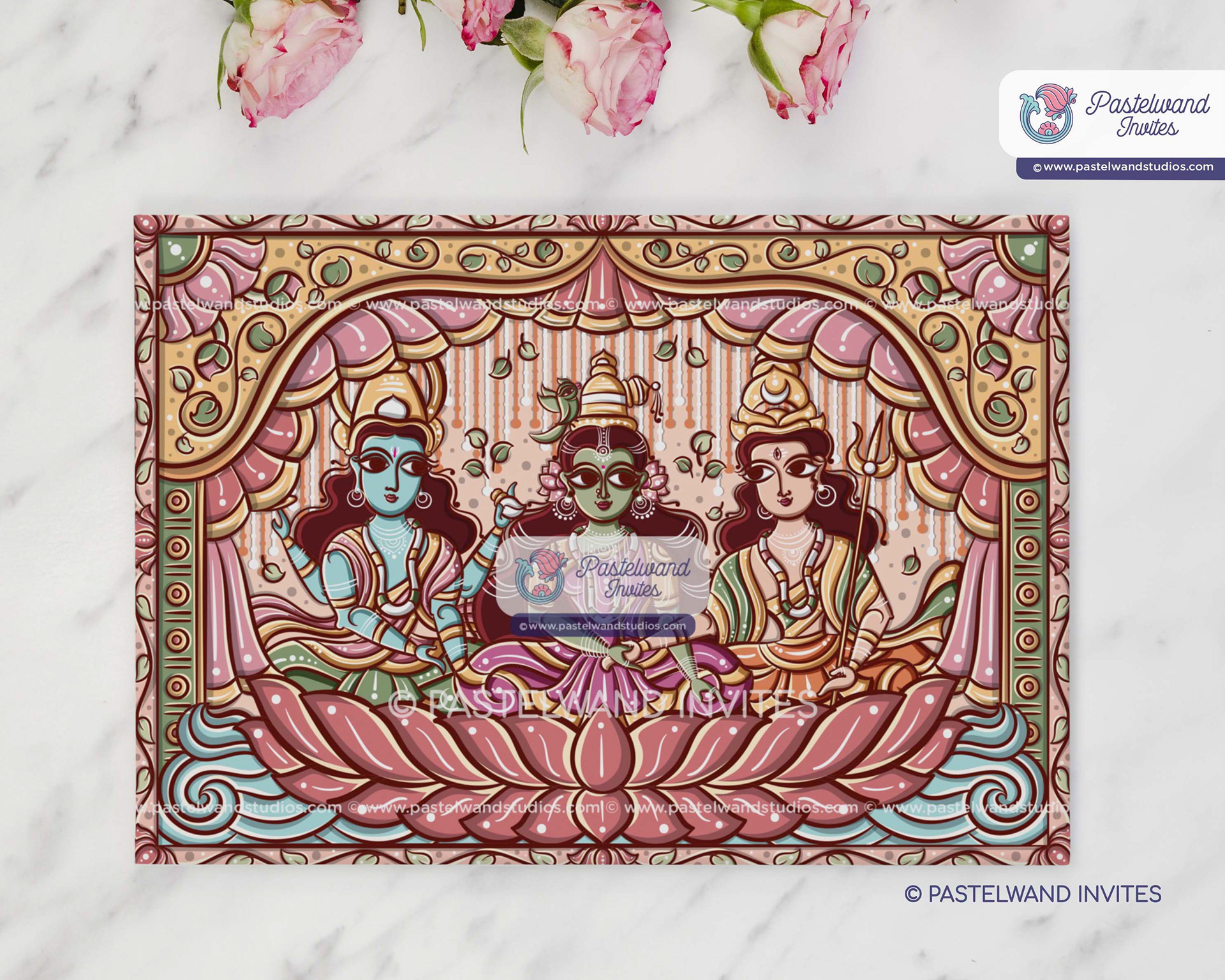 Beautiful Bengal pattachitra wedding invitation portraying Meenakshi Sundareshwarar in Jamini Roy style.