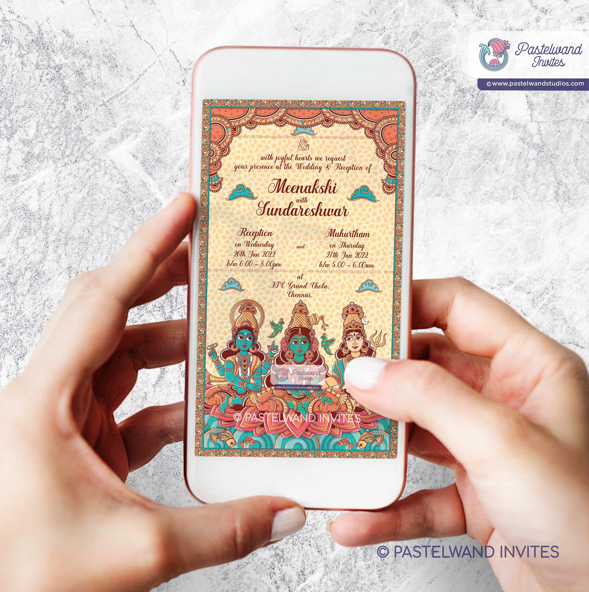 Indian Kalamkari wedding invitation of Shiva Parvati, a traditional Indian folk art from Andhra Pradesh, created in Adobe Illustrator