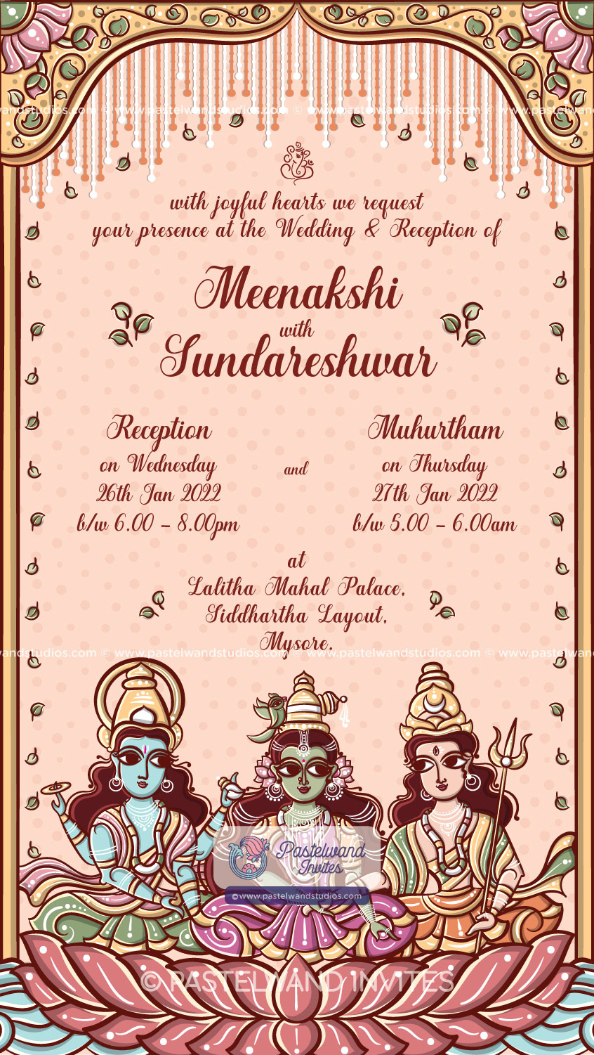 Beautiful Bengal pattachitra wedding invitation portraying Meenakshi Sundareshwarar in Jamini Roy style.