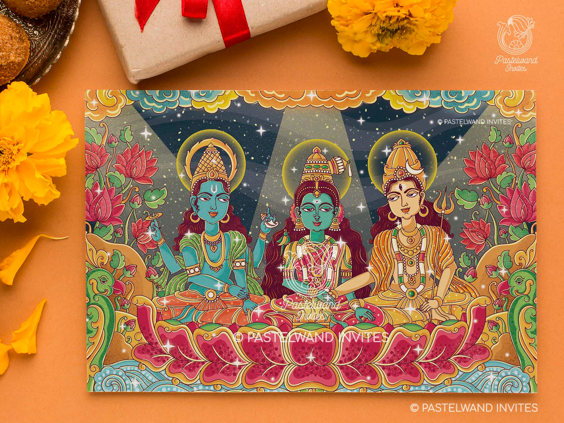 The divine wedding Invitation of Shiva and Parvati in the ancient Indian art style of chitrasutra