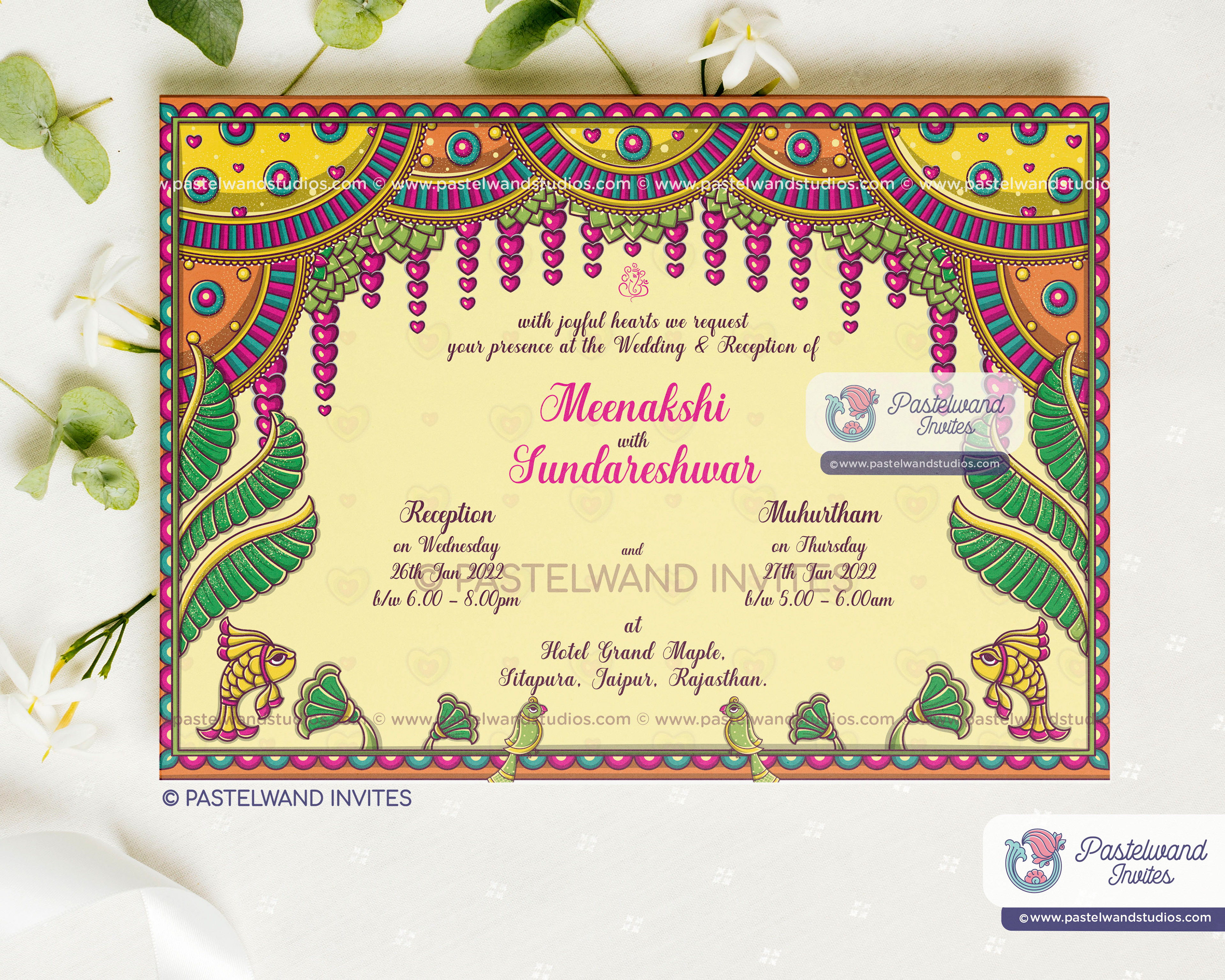Creative Wedding Invitation of Shiva and Parvati in Rajasthan's phad painting style, an Indian Folk Art created in Adobe Illustrator