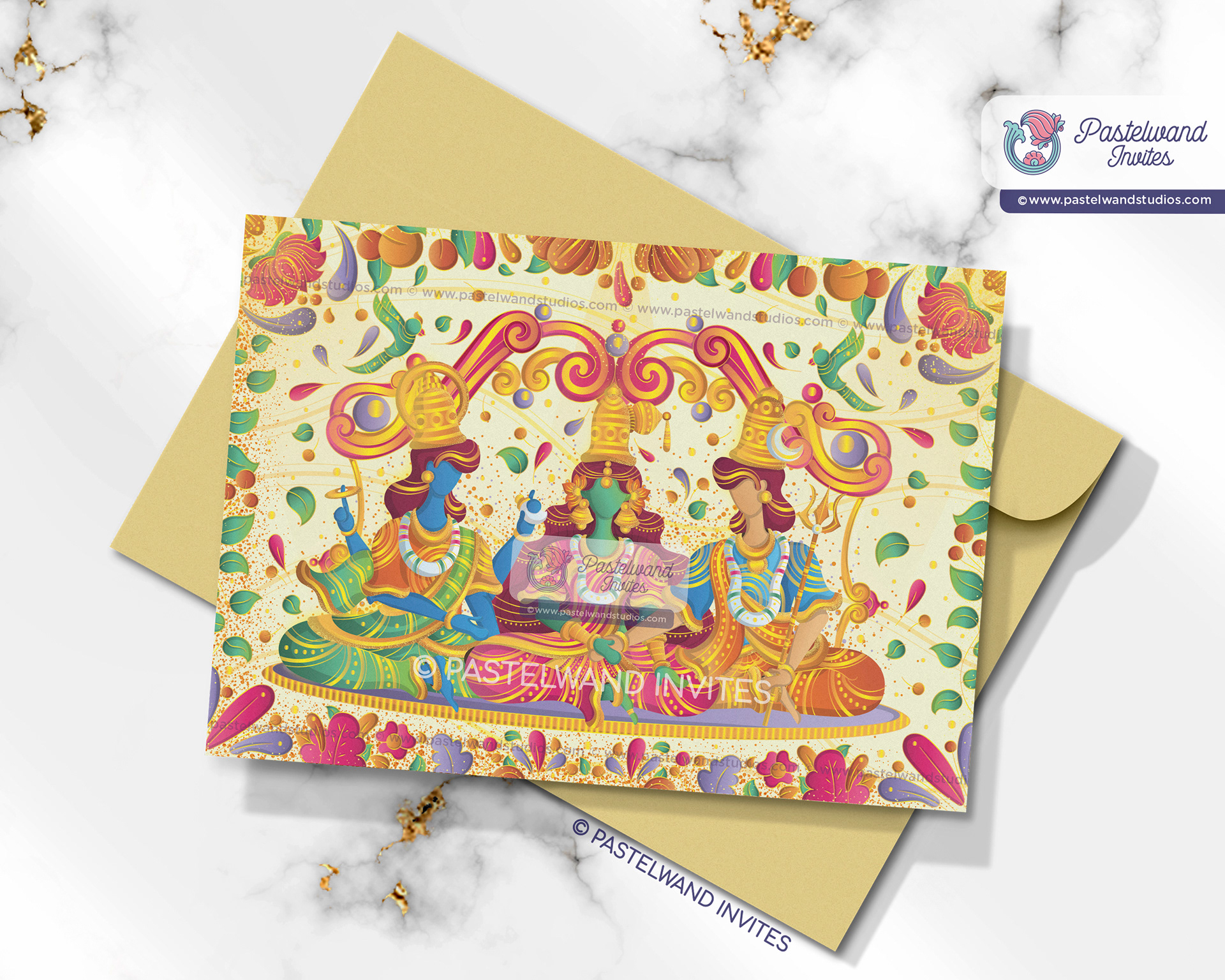 Shiva and Parvati's wedding Invitation was created in Adobe Illustrator in the avant-garde European Art Deco flat illustration style.