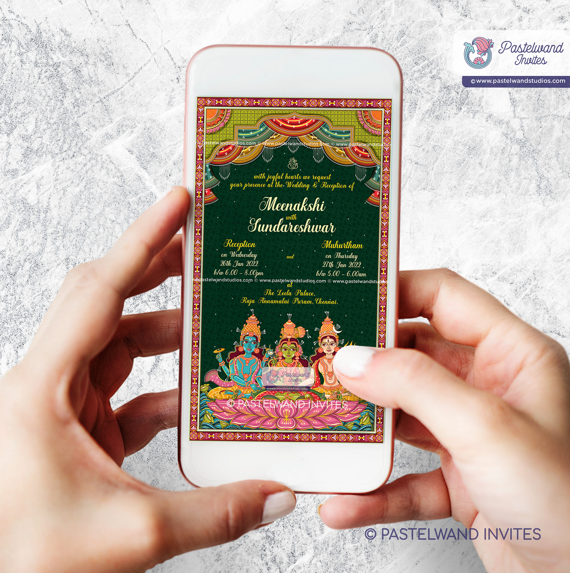 Intricate Shiva Parvati wedding invitation illustration created in Adobe Illustrator using Odisha Pattachitra, a traditional Indian folk art form