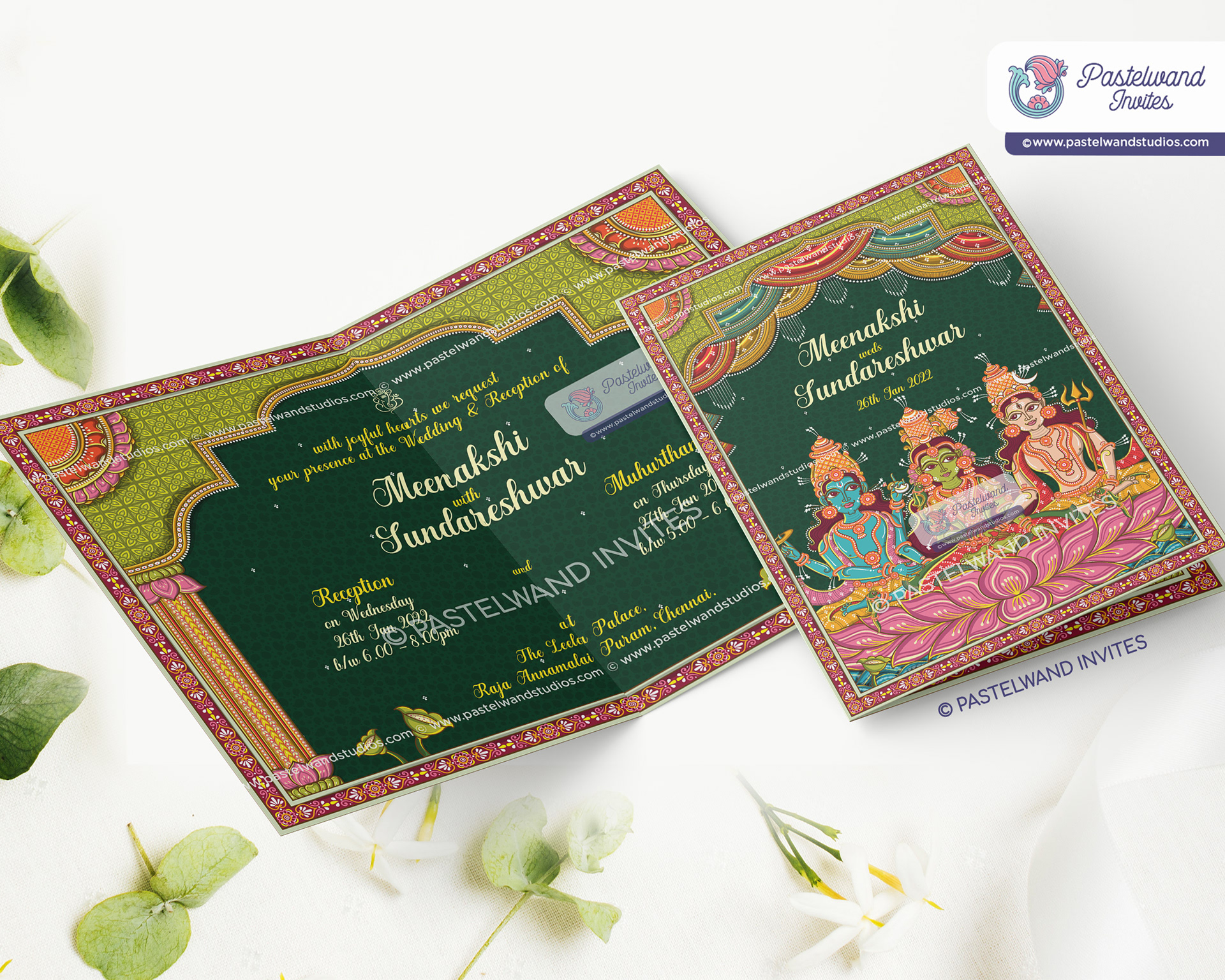 Intricate Shiva Parvati wedding invitation illustration created in Adobe Illustrator using Odisha Pattachitra, a traditional Indian folk art form