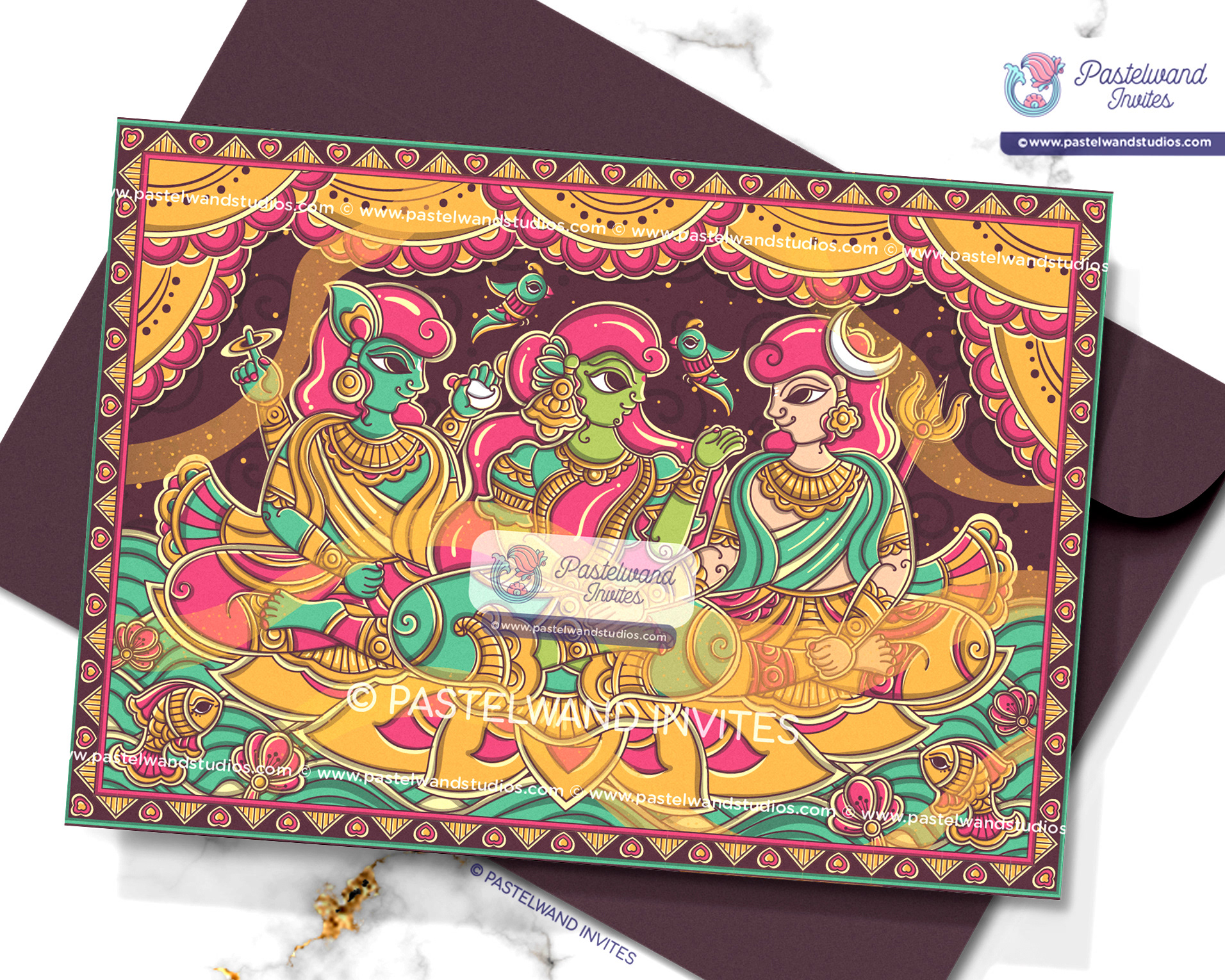Quirky Shiva Parvathi Indian wedding invitation in Madhubani or Mithila paintings from Bihar, a one-of-a-kind Indian folk art.
