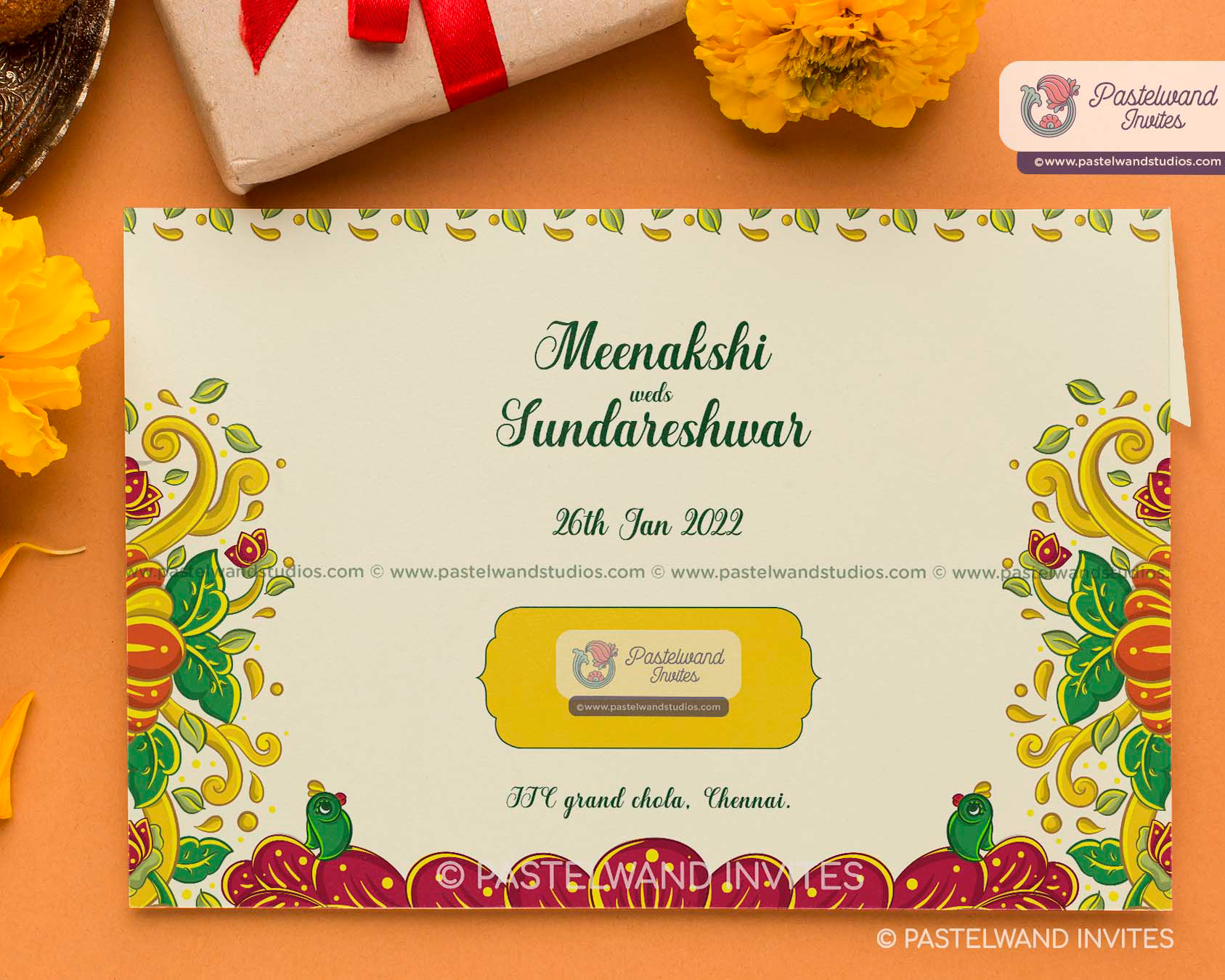 Quirky Shiva Parvati's one-of-a-kind Madurai wedding as Meenakshi Sundareshwarar, a unique wedding invitation with bright, vivid colours