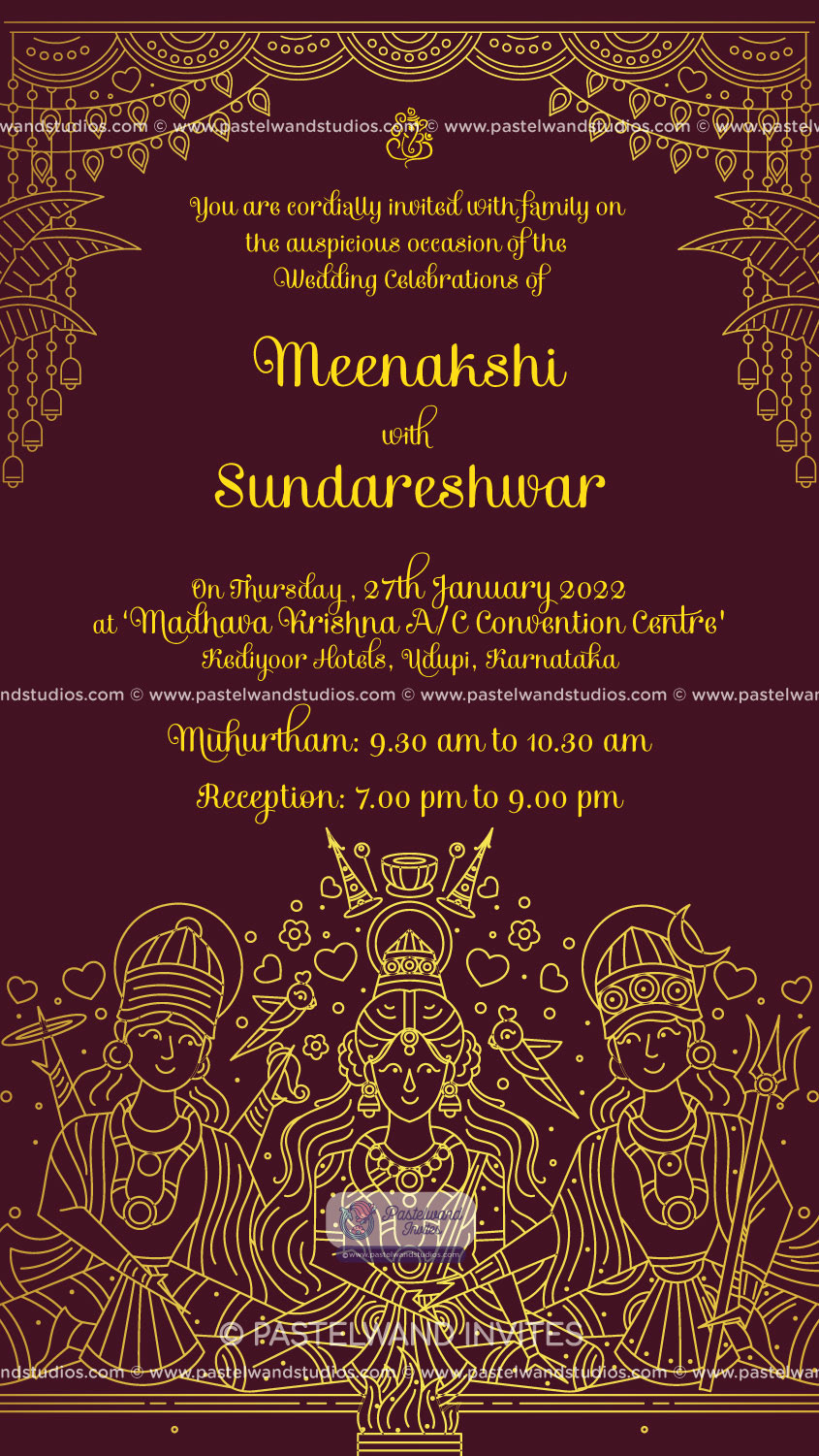 Grand and luxurious gold foil Indian wedding invitation depicting Meenakshi's Thirukalyanam, also known as the Madurai Wedding.