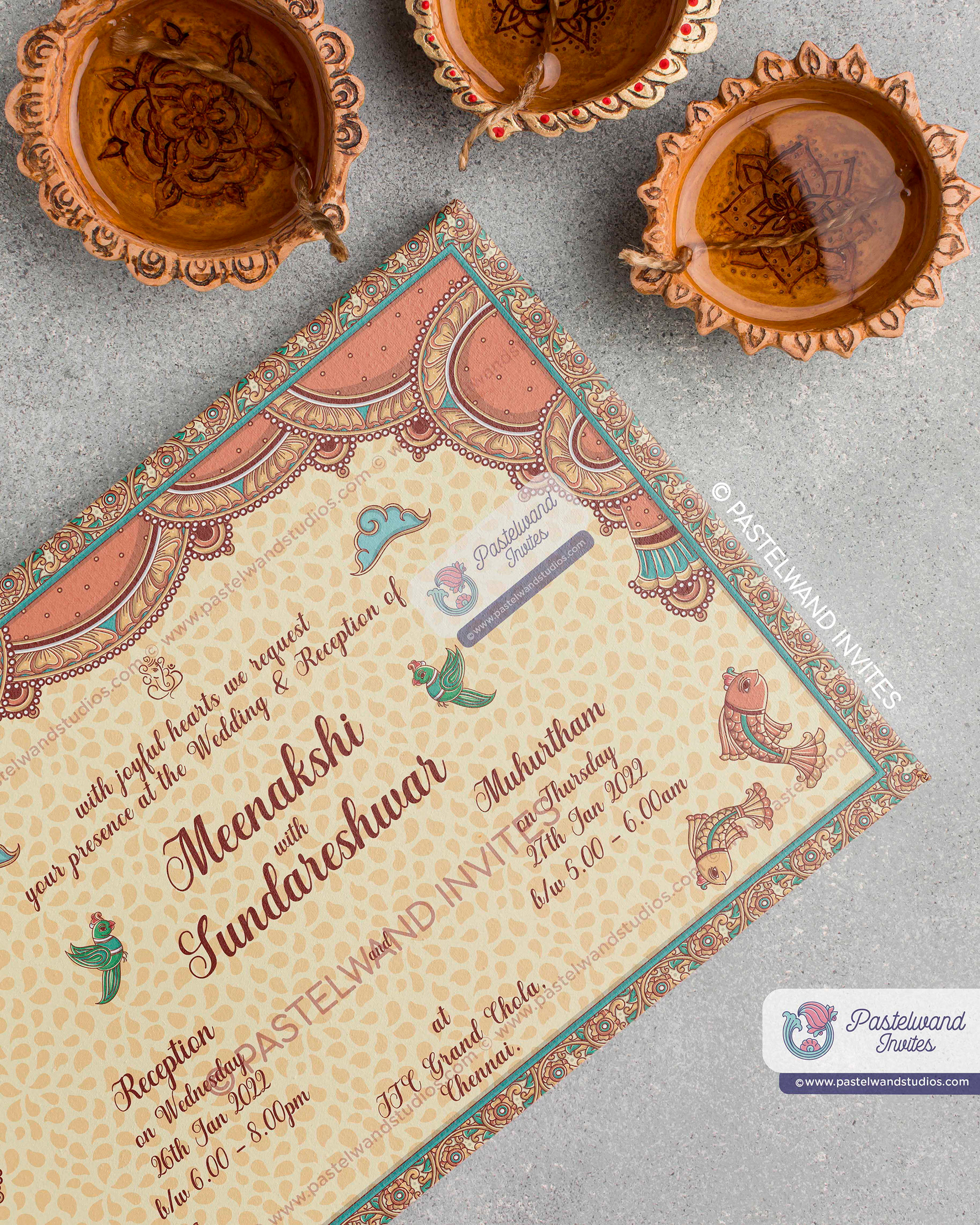 Indian Kalamkari wedding invitation of Shiva Parvati, a traditional Indian folk art from Andhra Pradesh, created in Adobe Illustrator