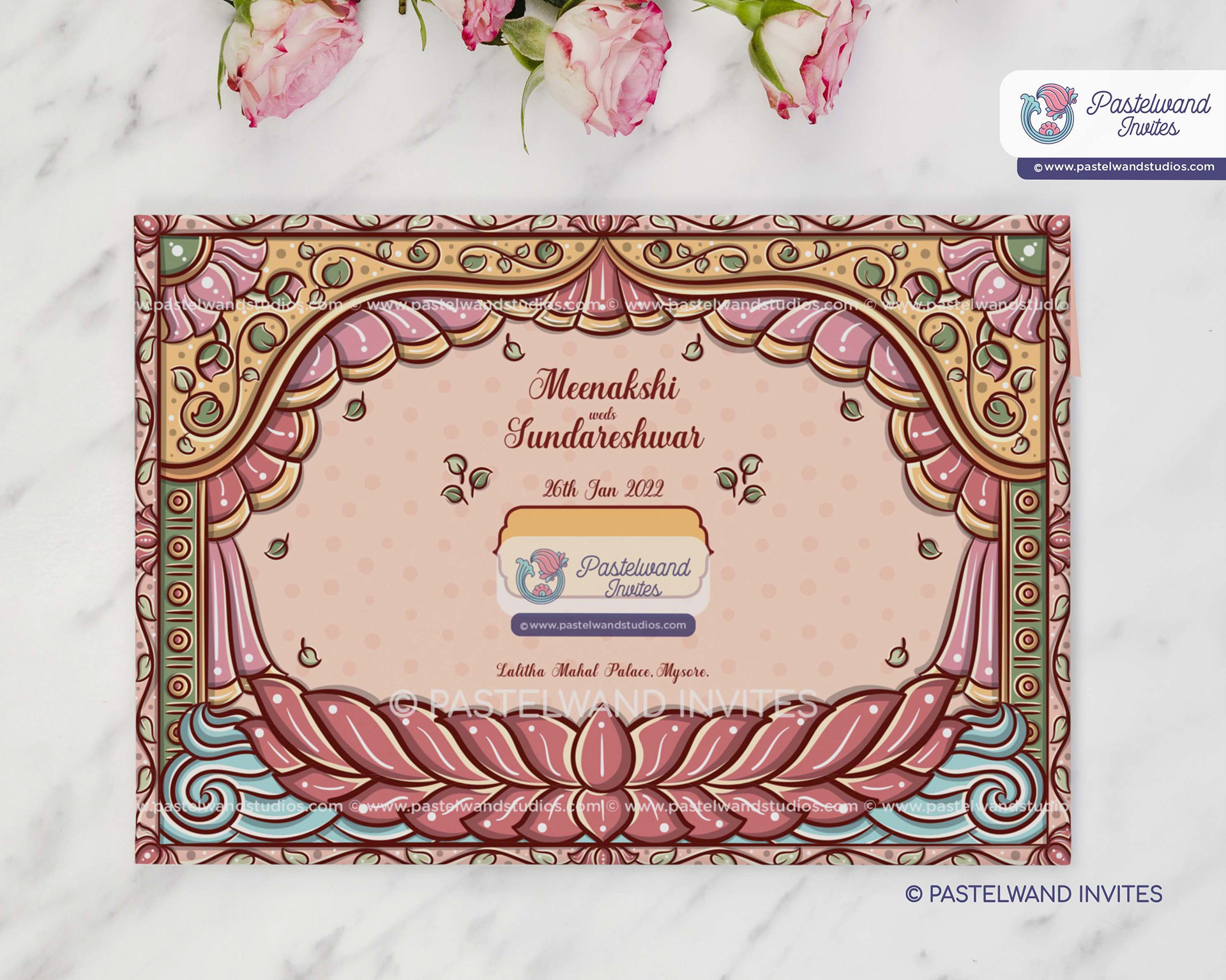 Beautiful Bengal pattachitra wedding invitation portraying Meenakshi Sundareshwarar in Jamini Roy style.