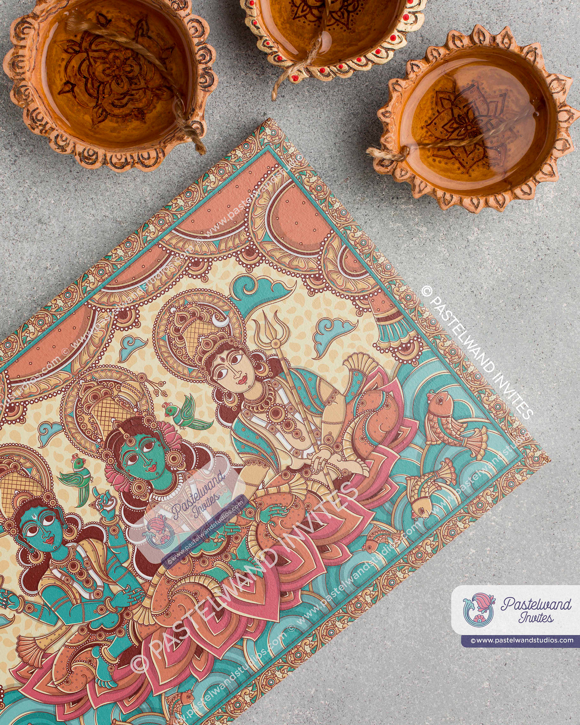 Indian Kalamkari wedding invitation of Shiva Parvati, a traditional Indian folk art from Andhra Pradesh, created in Adobe Illustrator