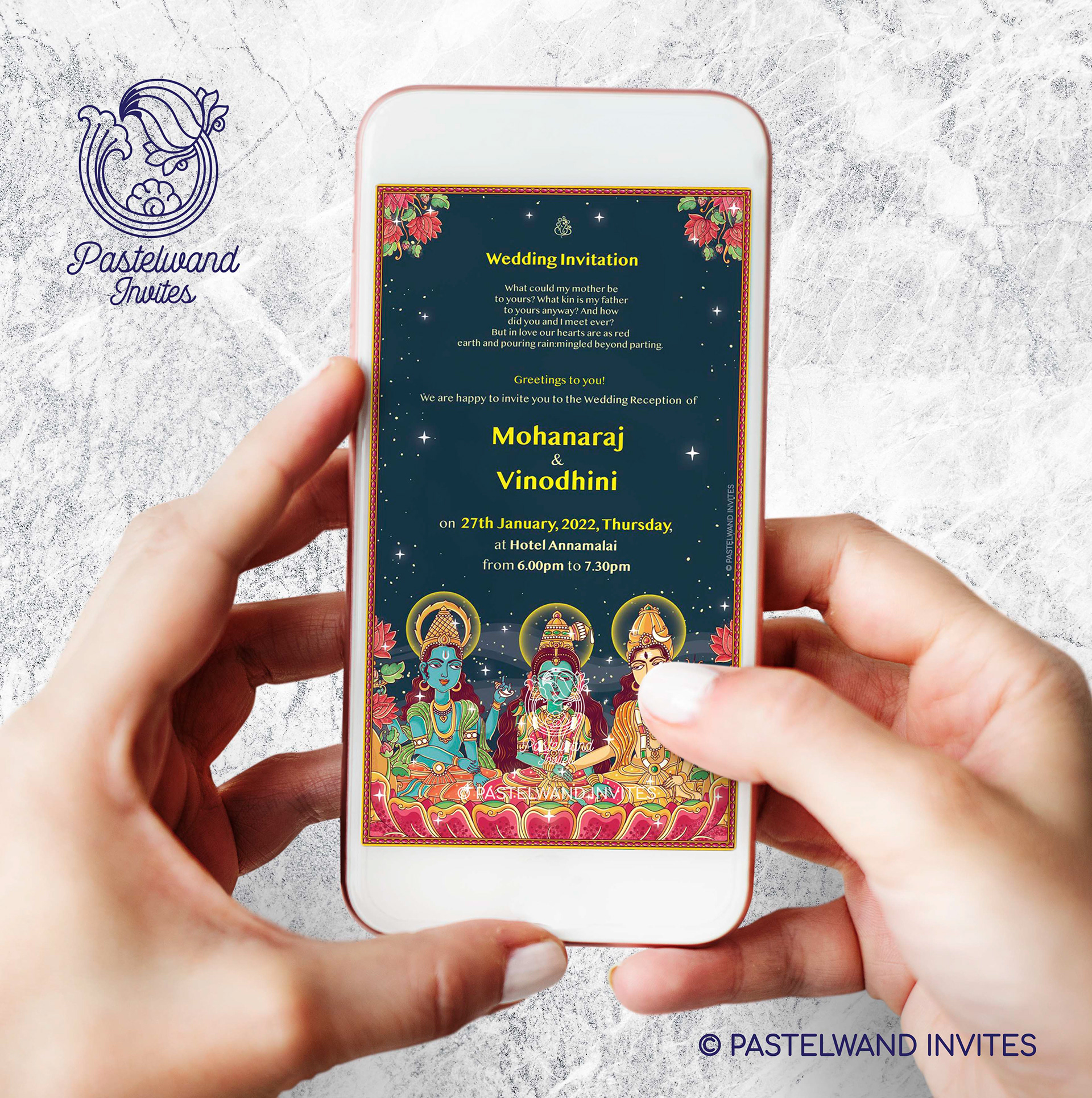 The divine wedding Invitation of Shiva and Parvati in the ancient Indian art style of chitrasutra