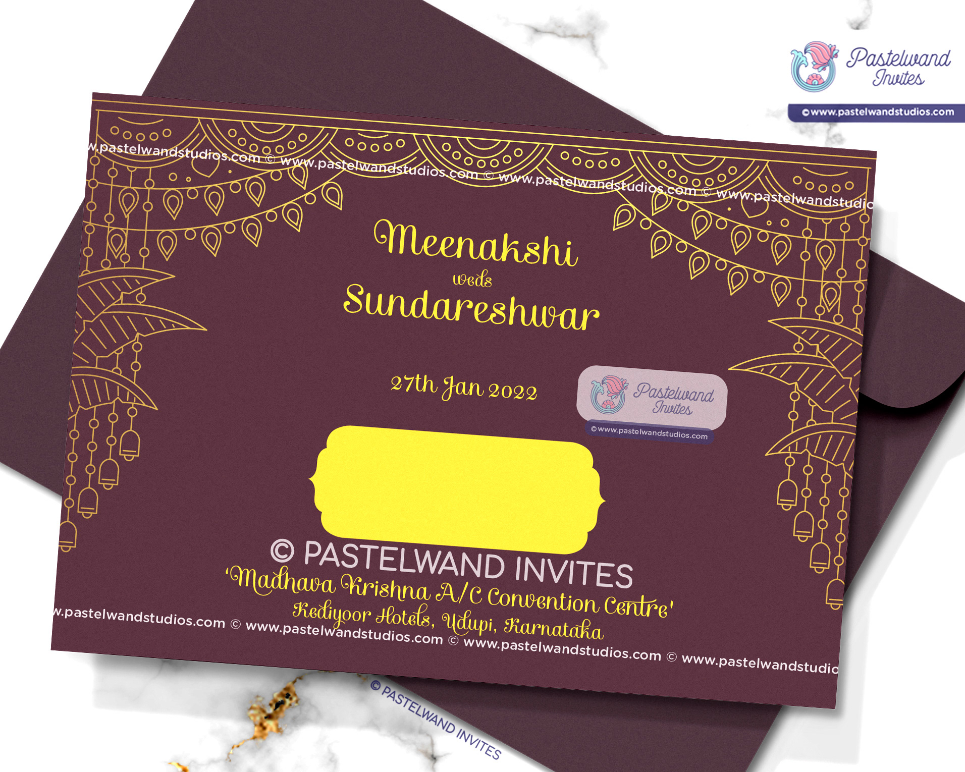 Grand and luxurious gold foil Indian wedding invitation depicting Meenakshi's Thirukalyanam, also known as the Madurai Wedding.