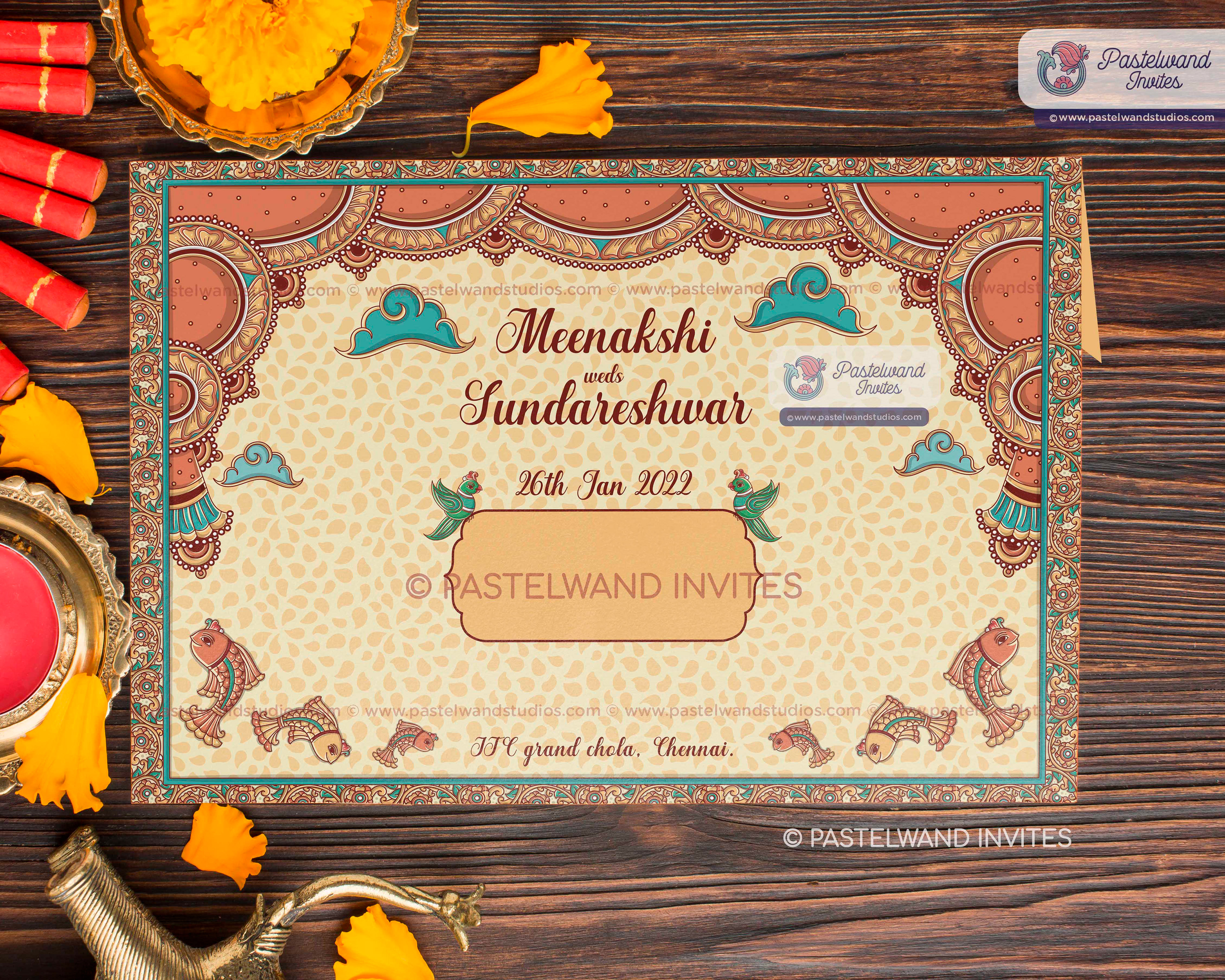 Indian Kalamkari wedding invitation of Shiva Parvati, a traditional Indian folk art from Andhra Pradesh, created in Adobe Illustrator