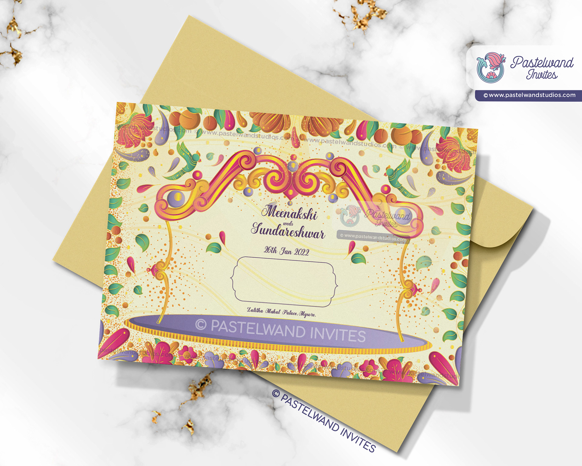 Shiva and Parvati's wedding Invitation was created in Adobe Illustrator in the avant-garde European Art Deco flat illustration style.