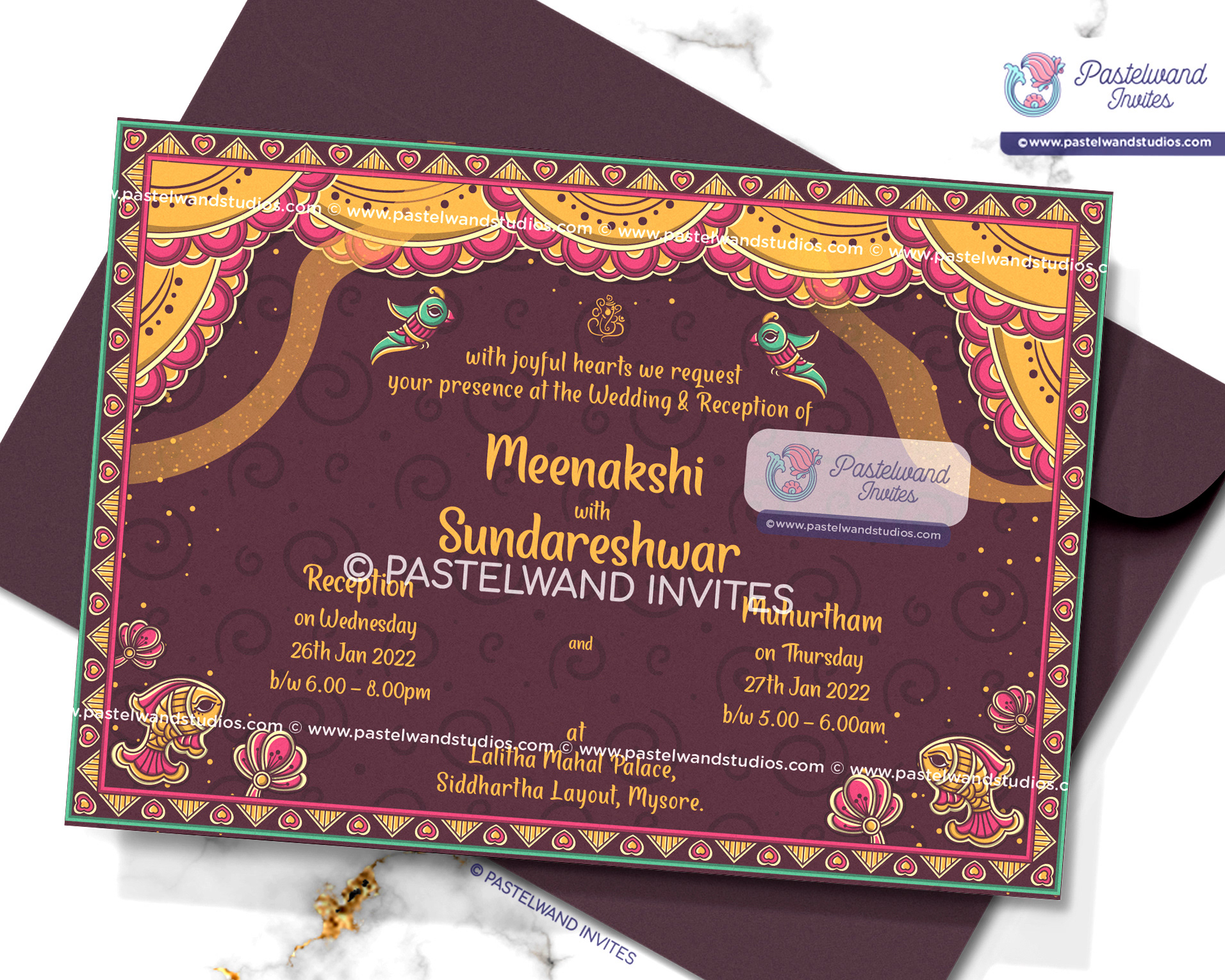 Quirky Shiva Parvathi Indian wedding invitation in Madhubani or Mithila paintings from Bihar, a one-of-a-kind Indian folk art.