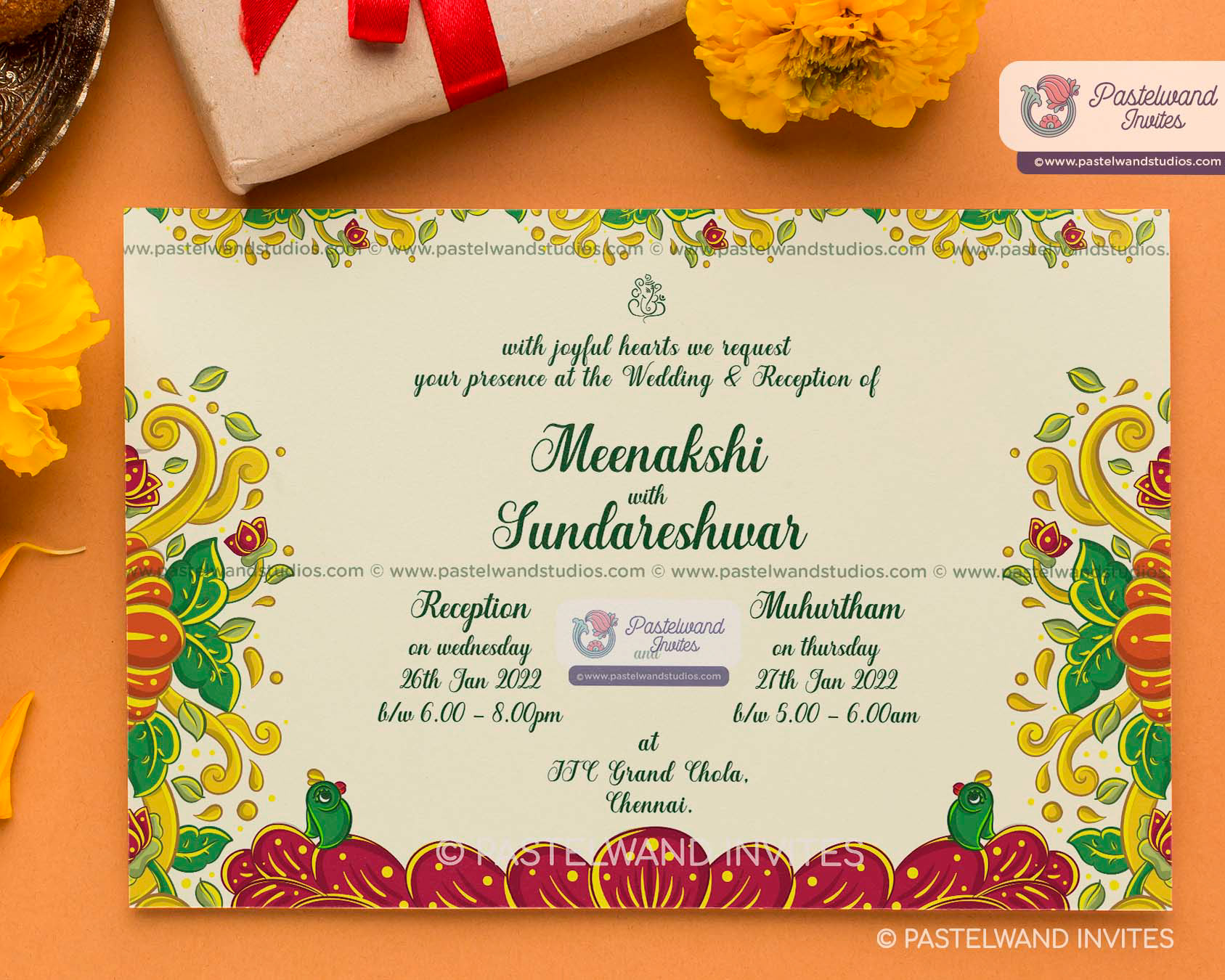 Quirky Shiva Parvati's one-of-a-kind Madurai wedding as Meenakshi Sundareshwarar, a unique wedding invitation with bright, vivid colours