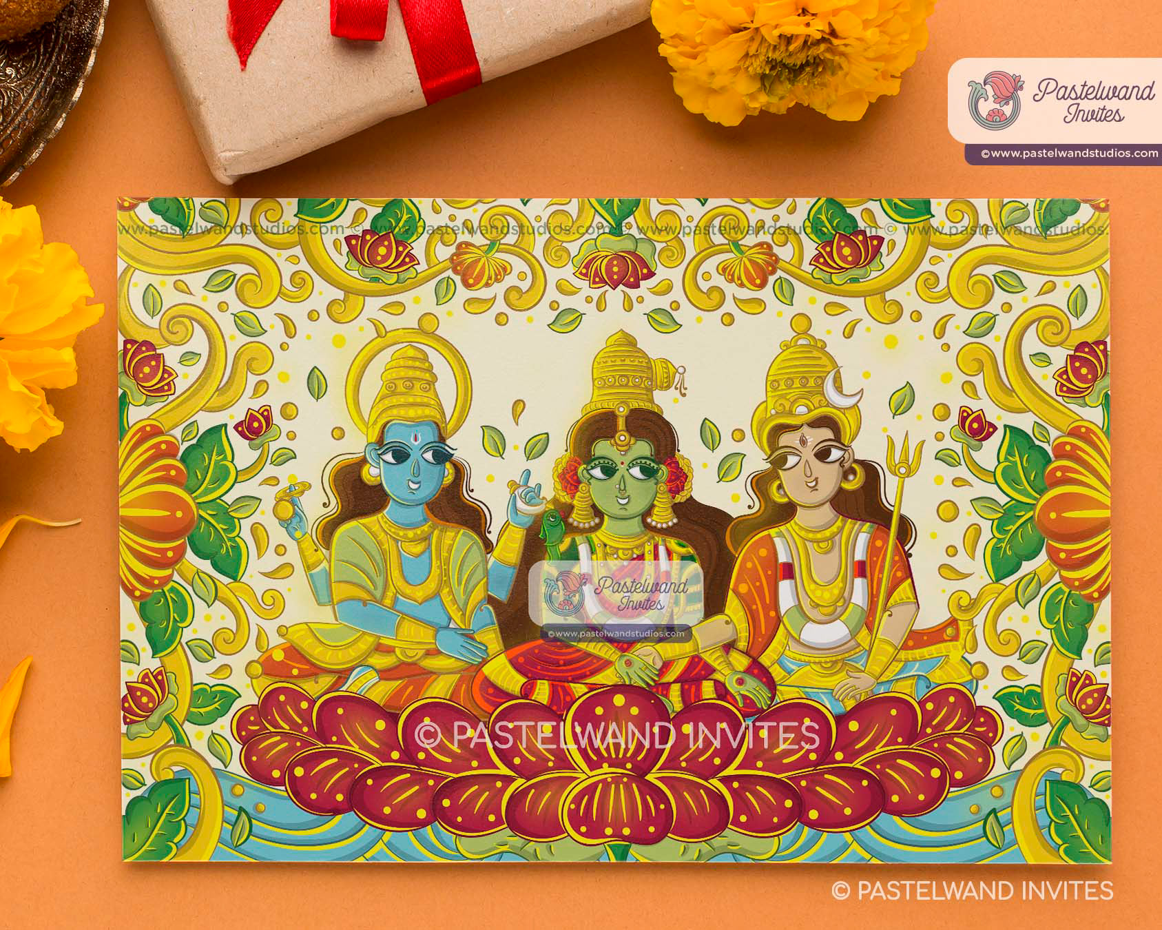Quirky Shiva Parvati's one-of-a-kind Madurai wedding as Meenakshi Sundareshwarar, a unique wedding invitation with bright, vivid colours