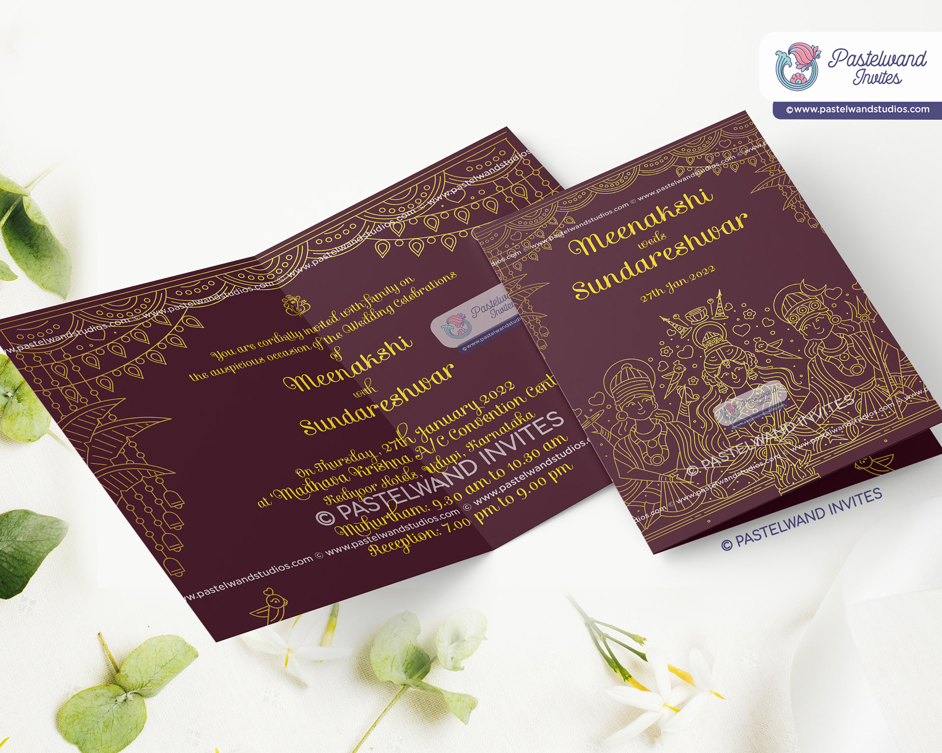 Grand and luxurious gold foil Indian wedding invitation depicting Meenakshi's Thirukalyanam, also known as the Madurai Wedding.
