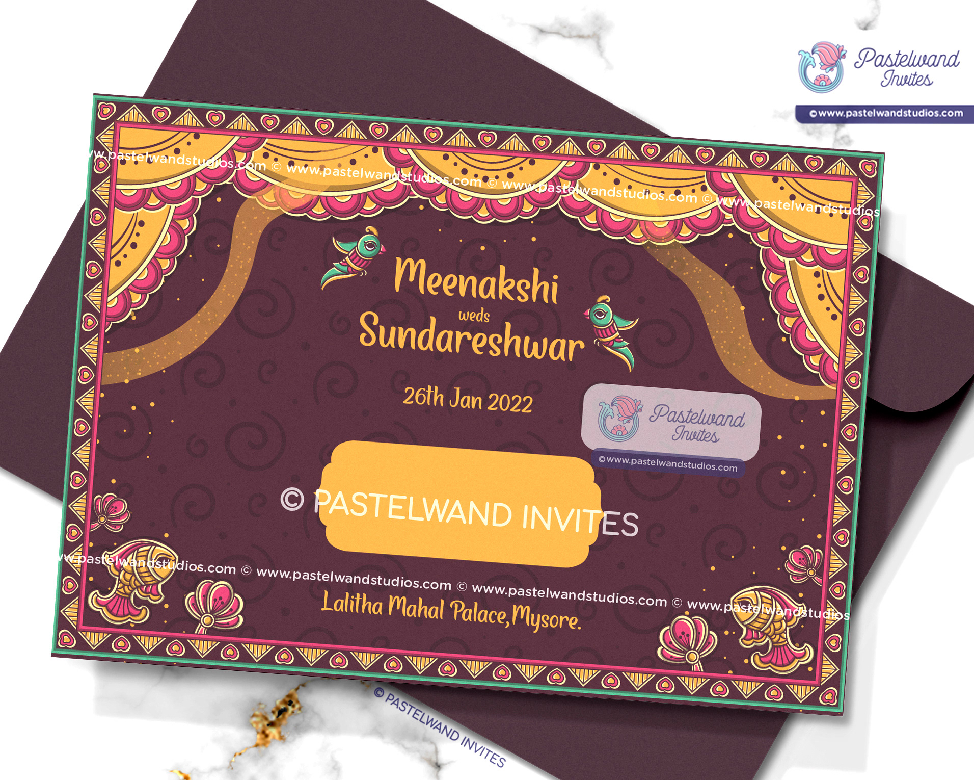Quirky Shiva Parvathi Indian wedding invitation in Madhubani or Mithila paintings from Bihar, a one-of-a-kind Indian folk art.