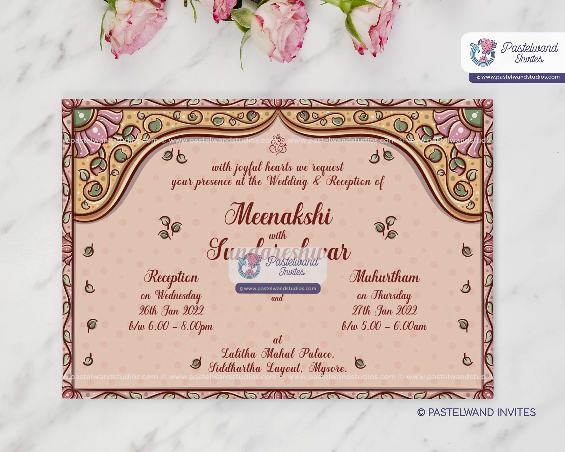 Beautiful Bengal pattachitra wedding invitation portraying Meenakshi Sundareshwarar in Jamini Roy style.