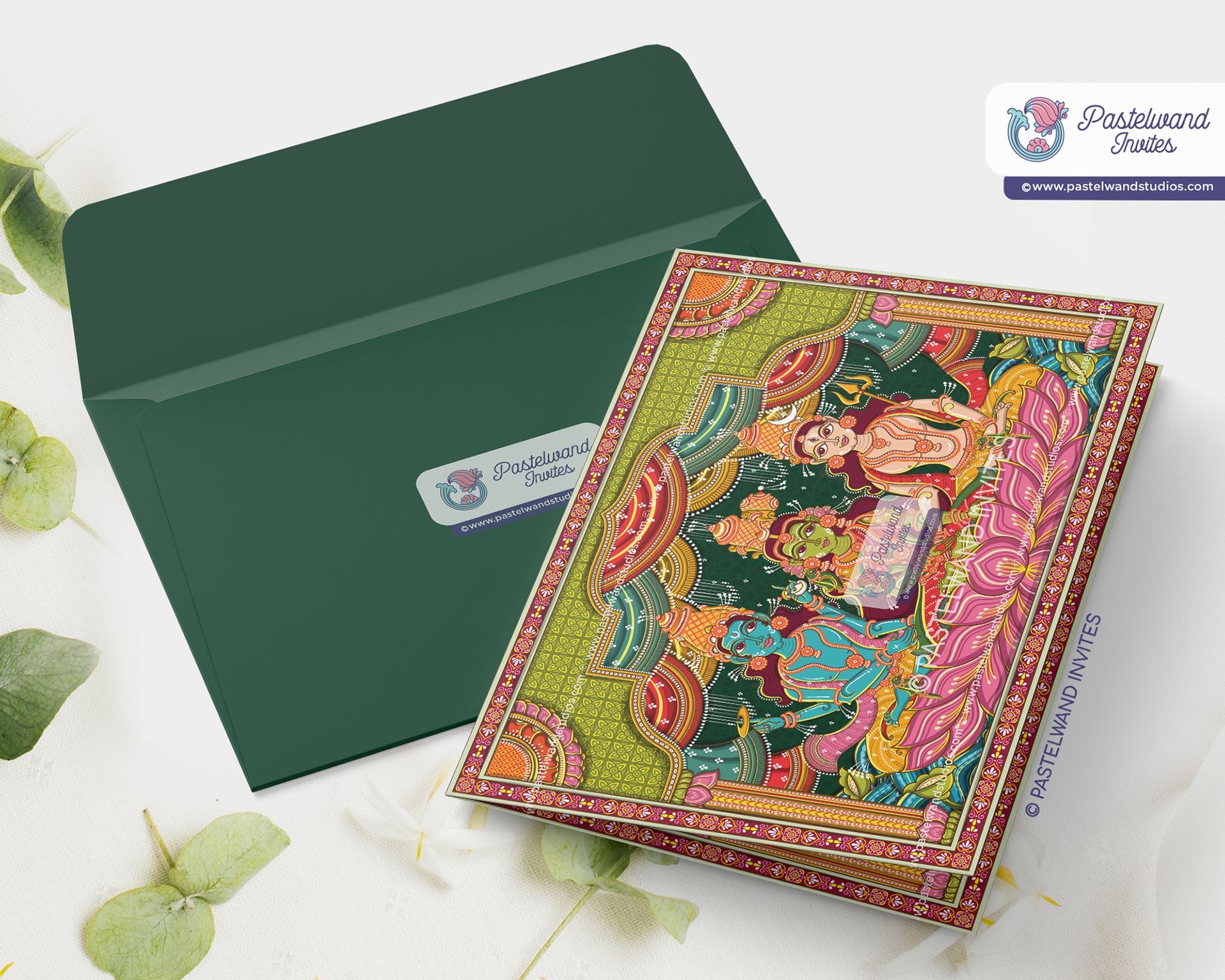 Intricate Shiva Parvati wedding invitation illustration created in Adobe Illustrator using Odisha Pattachitra, a traditional Indian folk art form