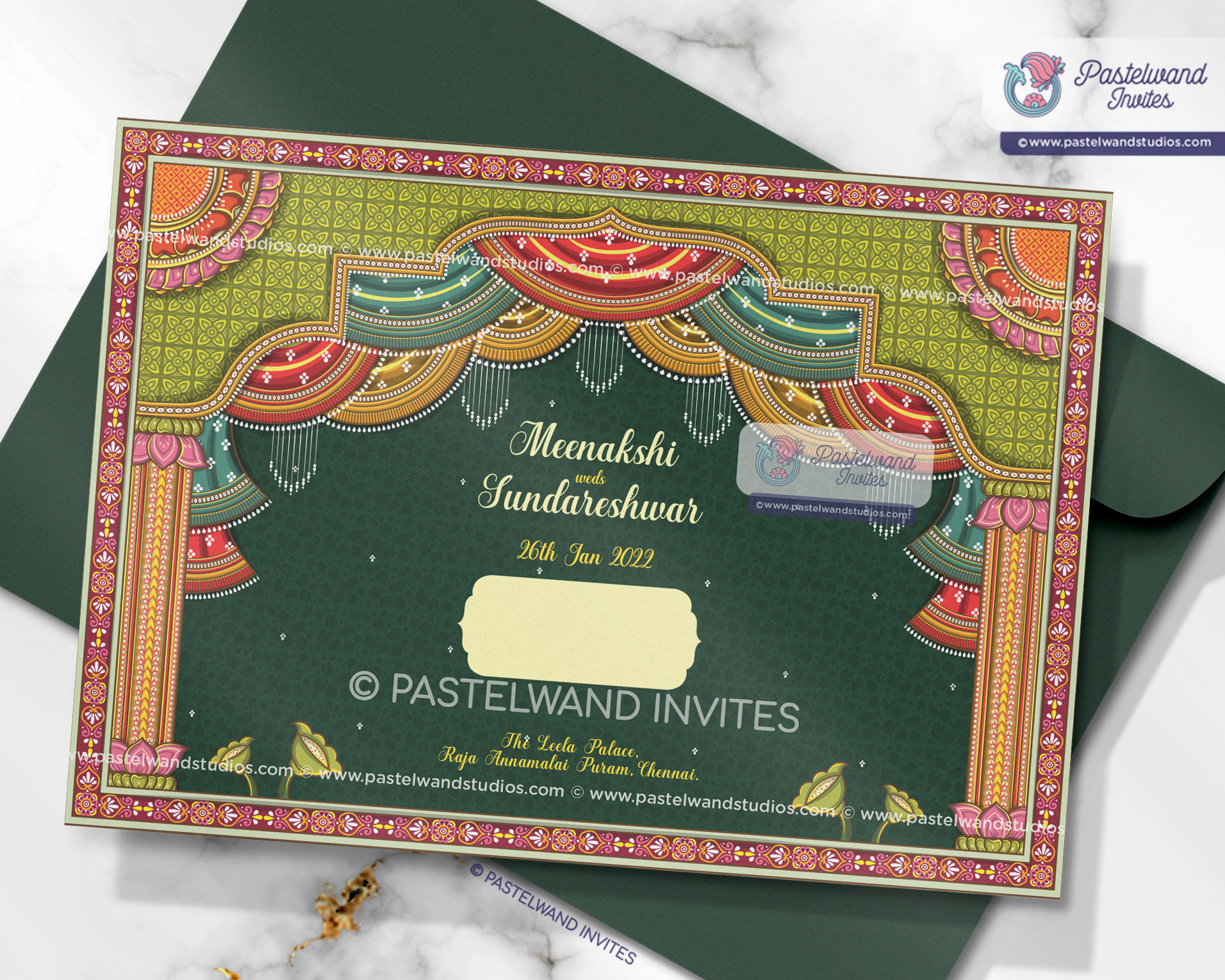 Intricate Shiva Parvati wedding invitation illustration created in Adobe Illustrator using Odisha Pattachitra, a traditional Indian folk art form