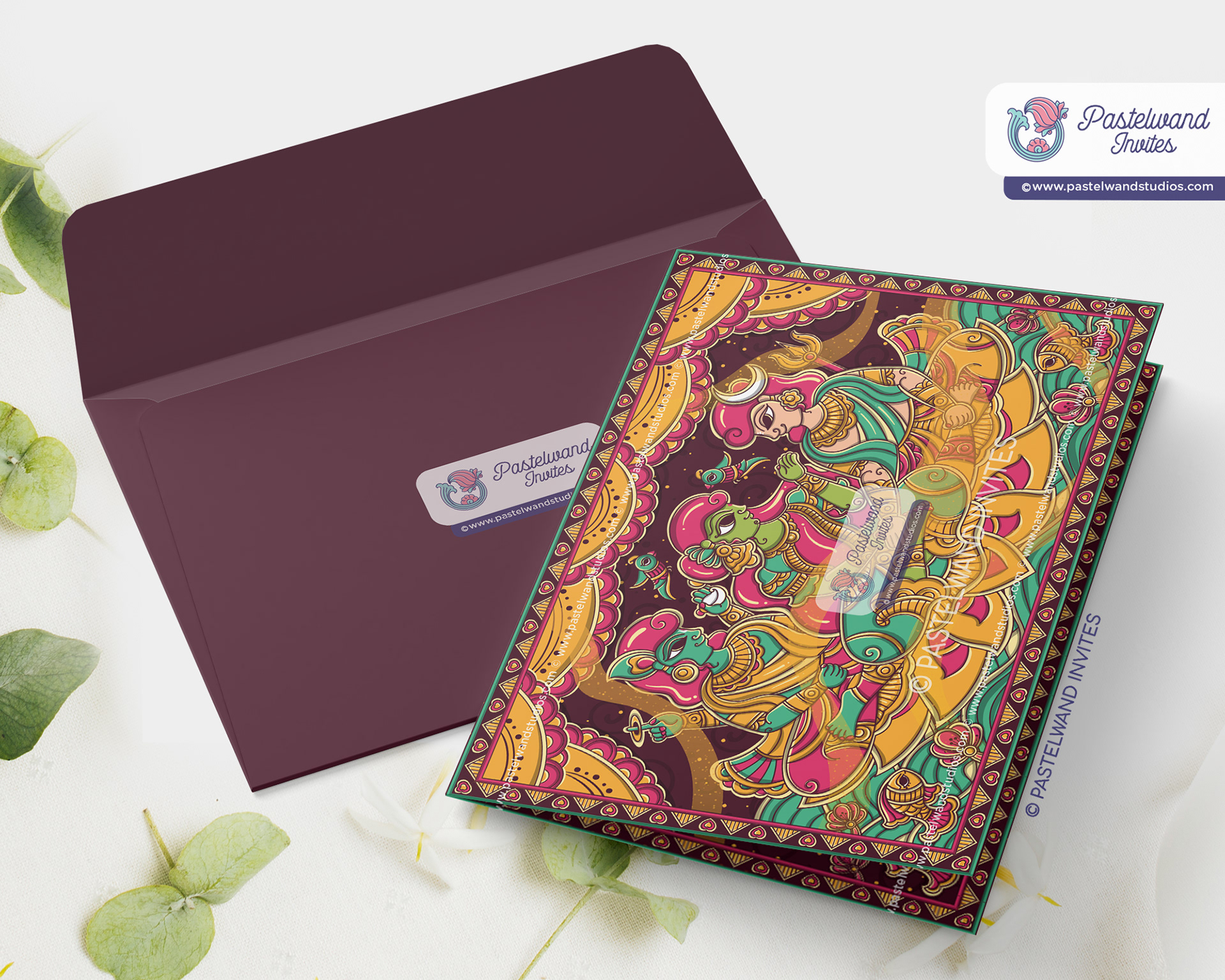 Quirky Shiva Parvathi Indian wedding invitation in Madhubani or Mithila paintings from Bihar, a one-of-a-kind Indian folk art.
