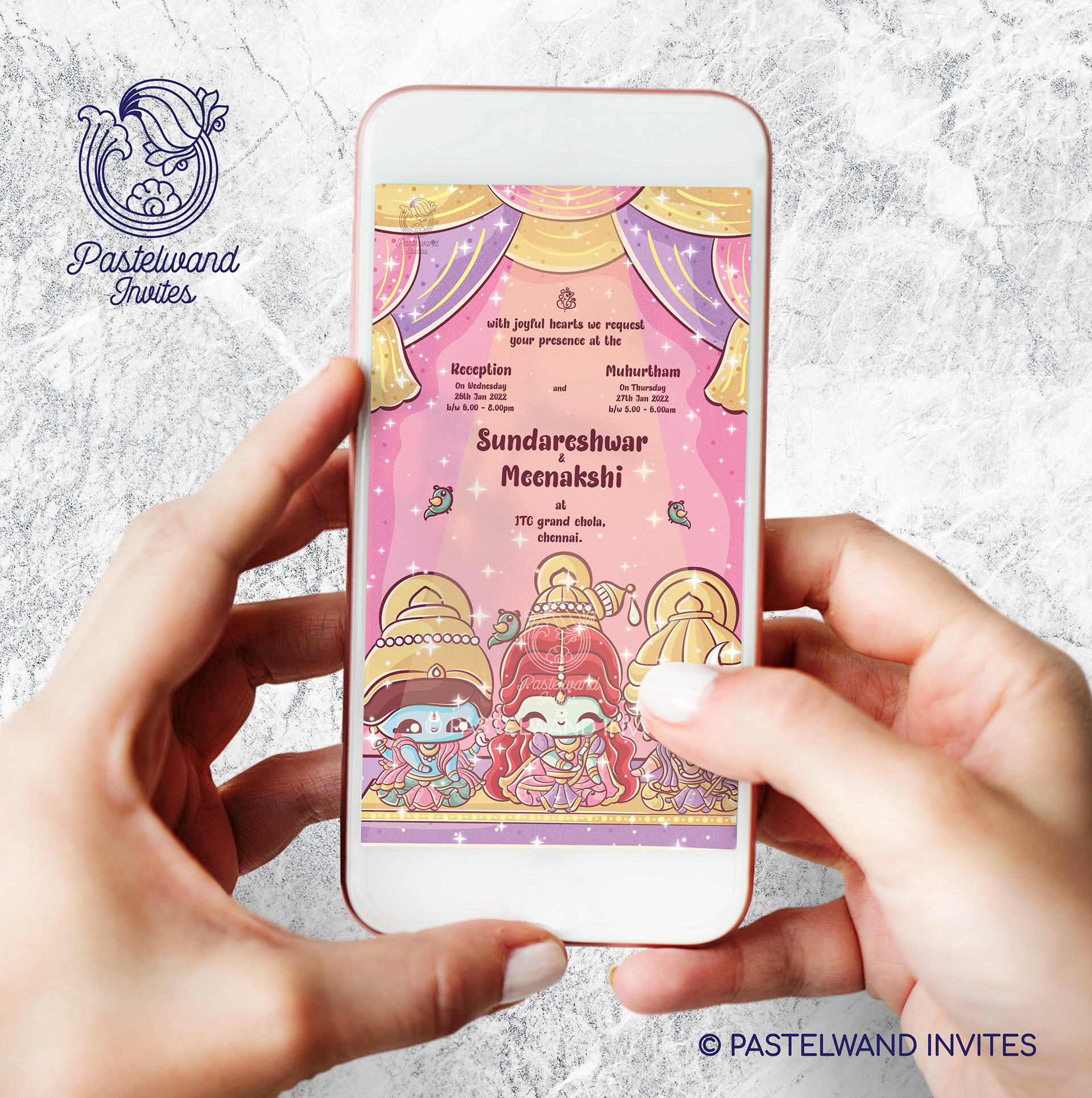 Cute baby shiva parvati madurai Indian wedding invitation created in Adobe Illustrator in lovely pastel colours