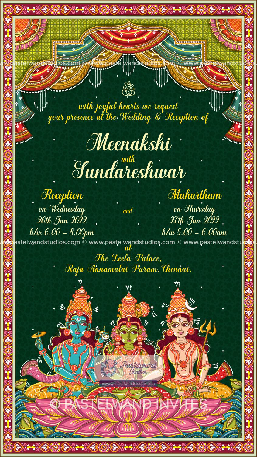Intricate Shiva Parvati wedding invitation illustration created in Adobe Illustrator using Odisha Pattachitra, a traditional Indian folk art form