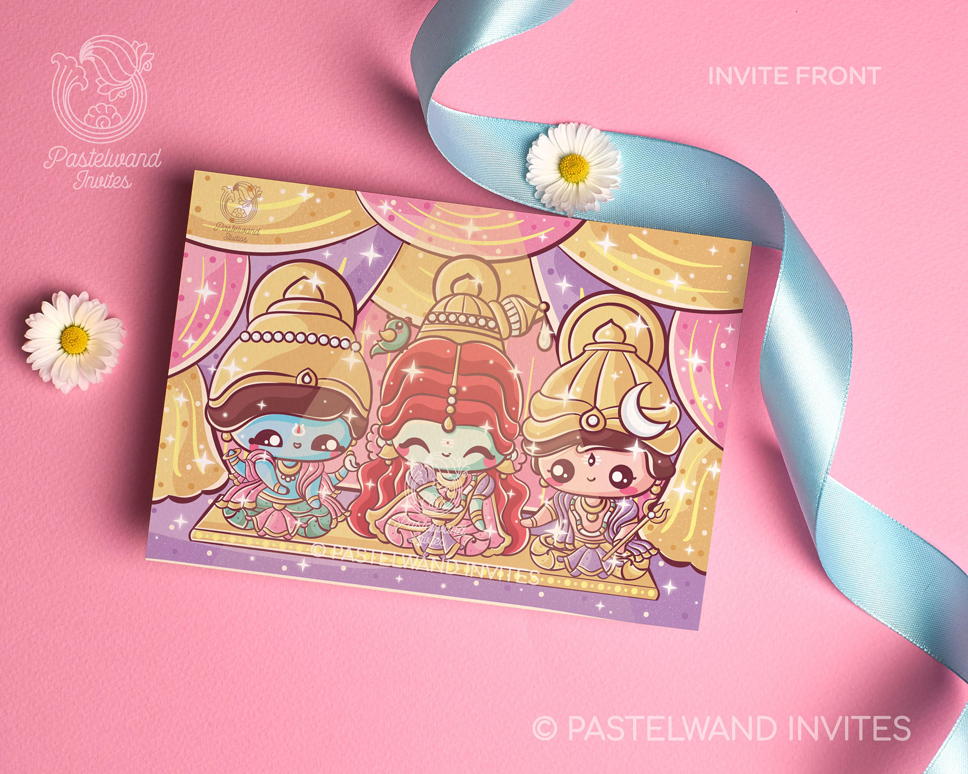Cute baby shiva parvati madurai Indian wedding invitation created in Adobe Illustrator in lovely pastel colours