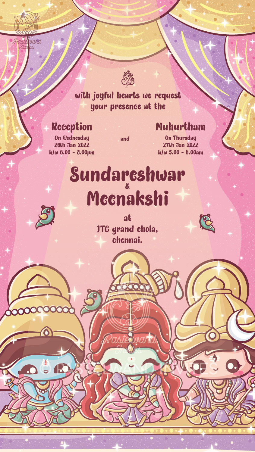 Cute baby shiva parvati madurai Indian wedding invitation created in Adobe Illustrator in lovely pastel colours