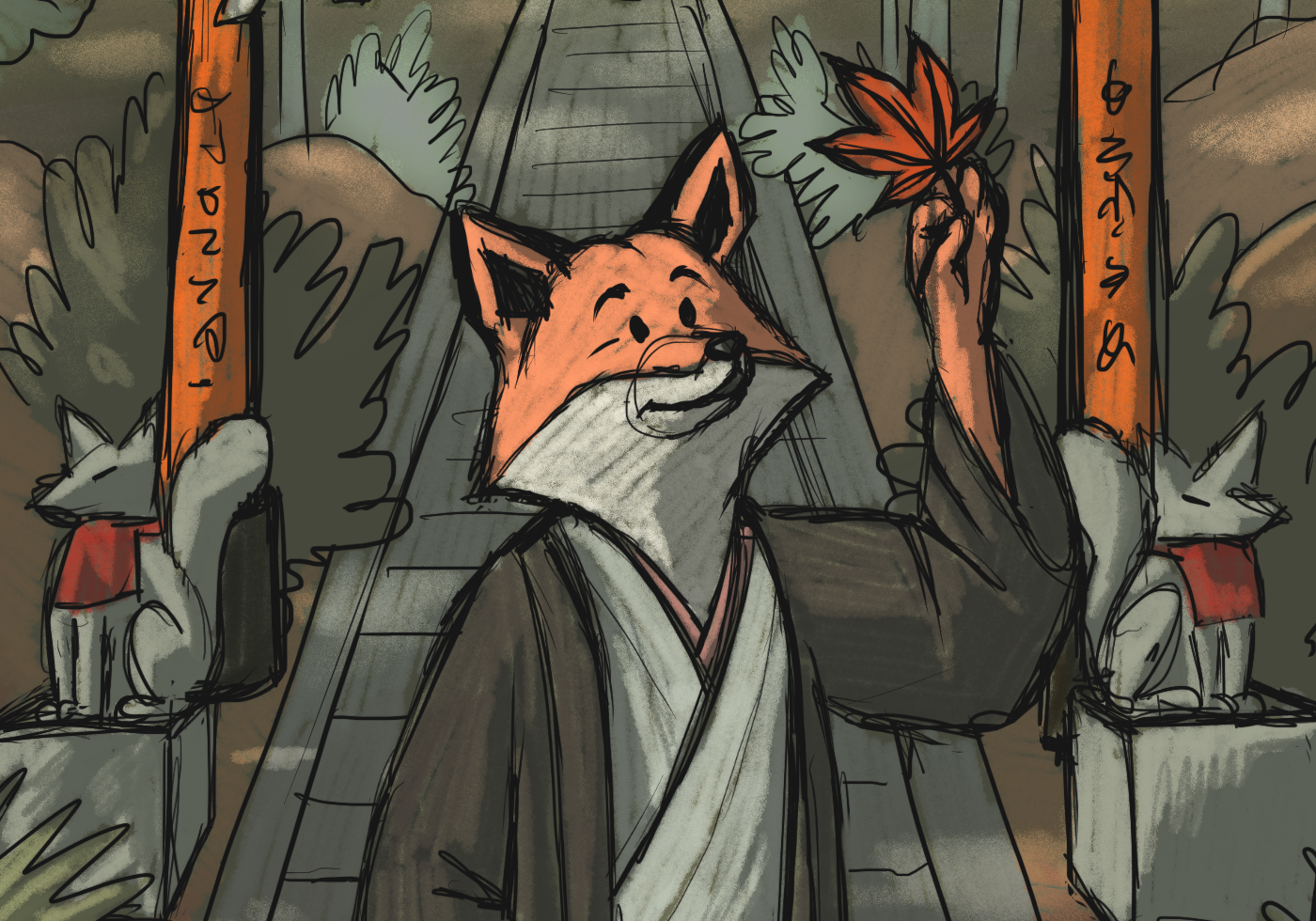 Illustration d'un renard attrapant une feuille