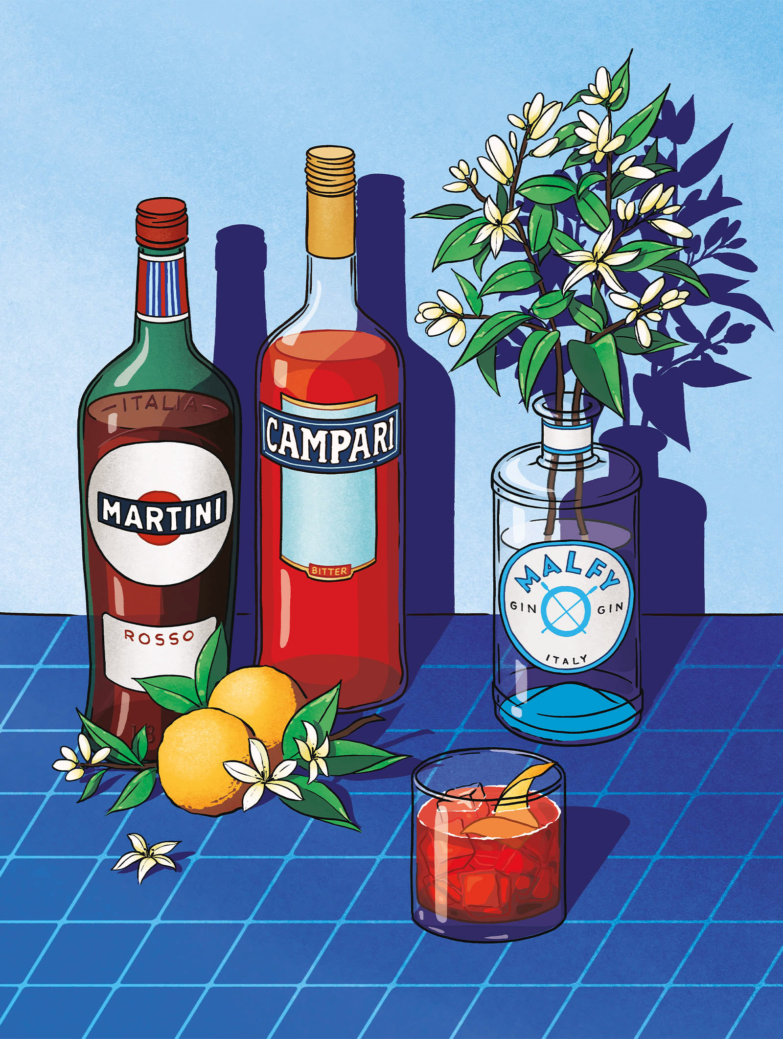 Illustration d'une nature morte sur le thème du cocktail italien negroni