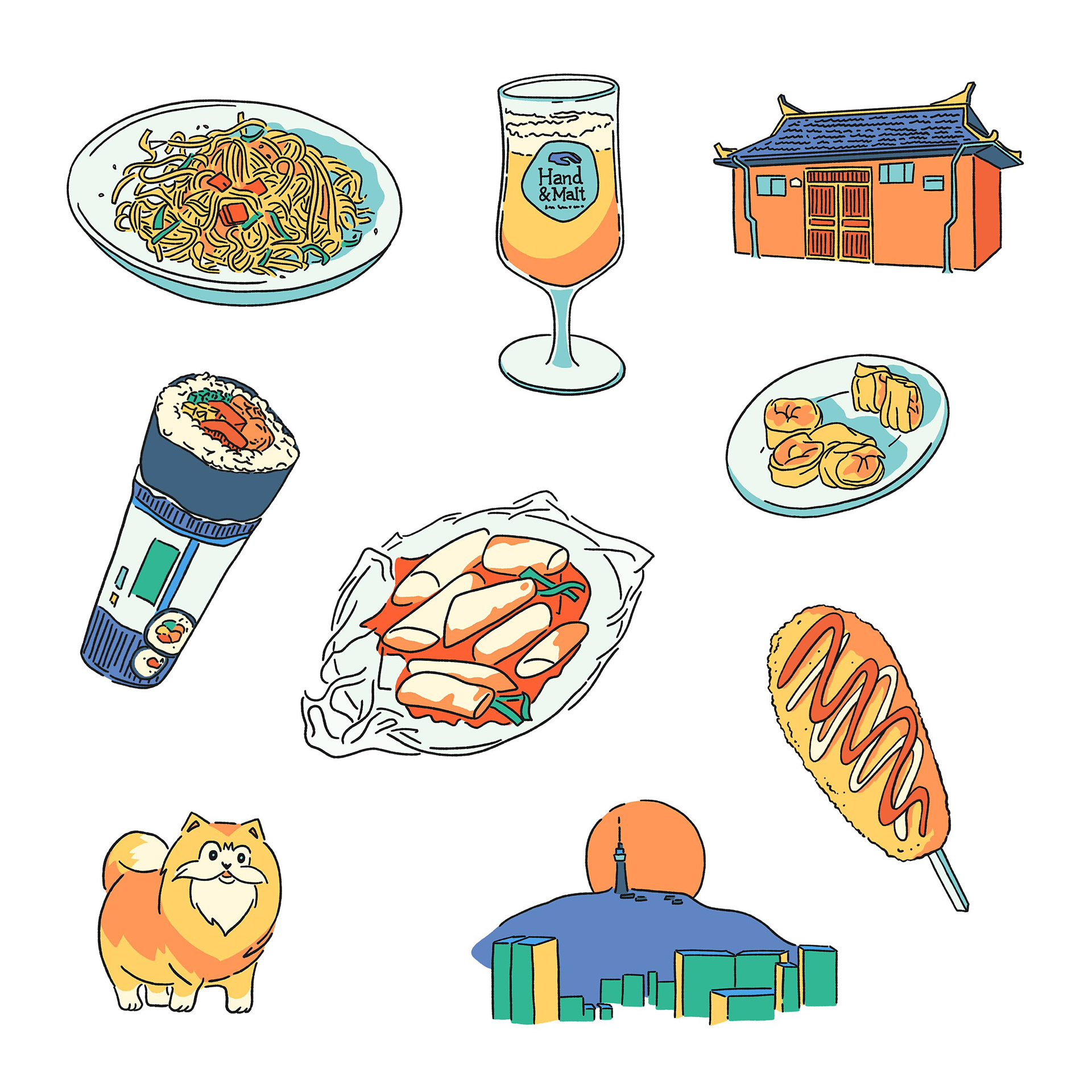 Illustrations de vignettes de plats, boissons et d'éléments culturels relatifs à la Corée du Sud