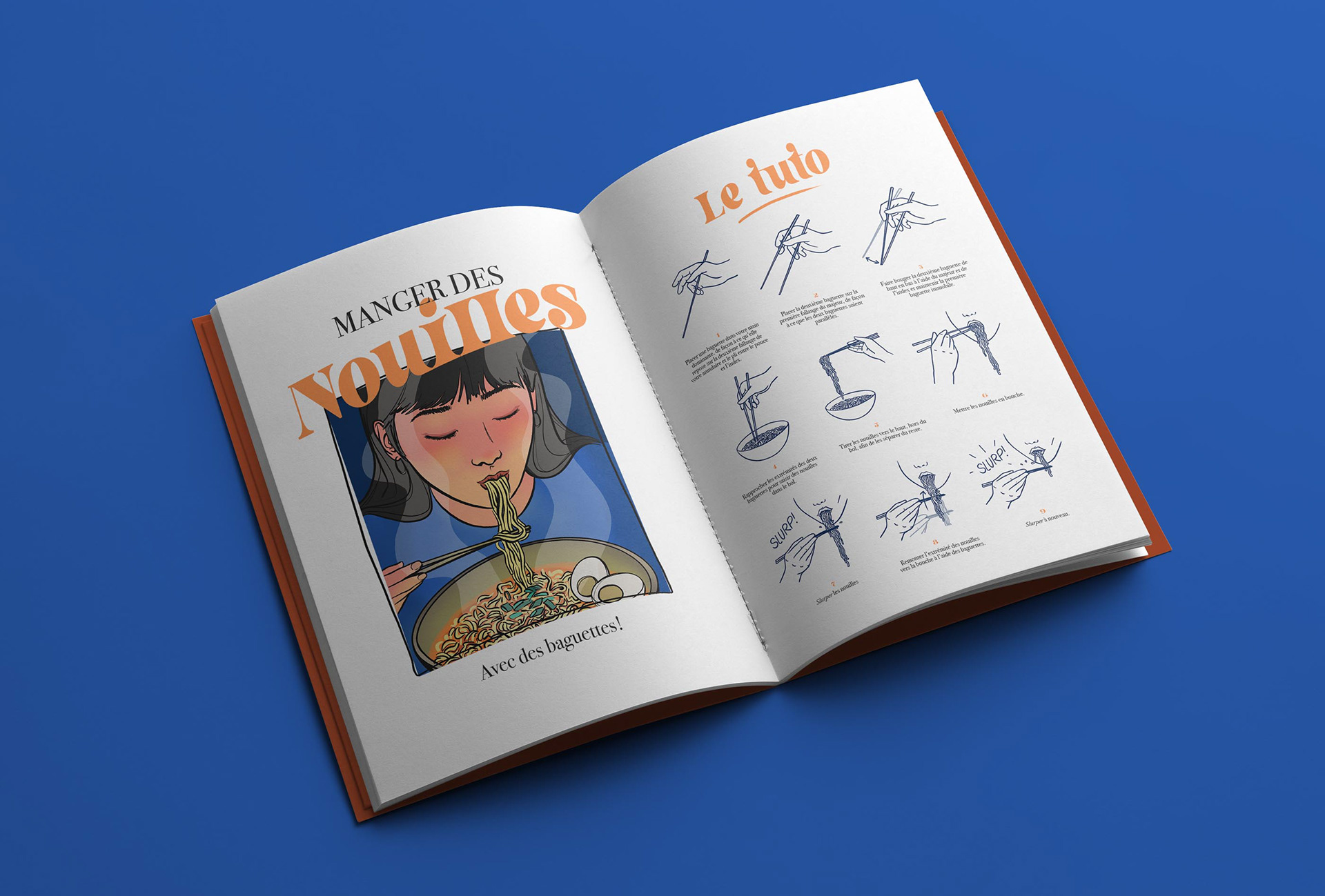 Maquette de livre de livre de cuisine présentant un tutoriel pour manger des nouilles avec des baguettes