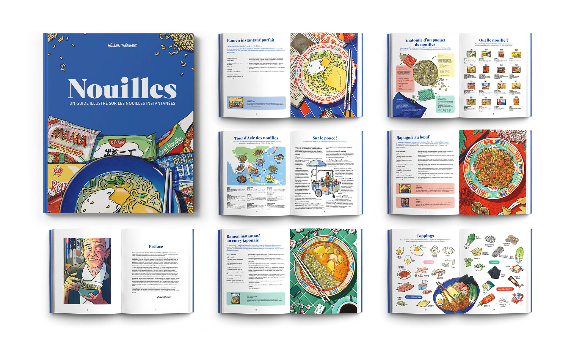 Mockups de la couverture et des pages intérieures d'un livre de cuisine illustré sur les nouilles instantanées