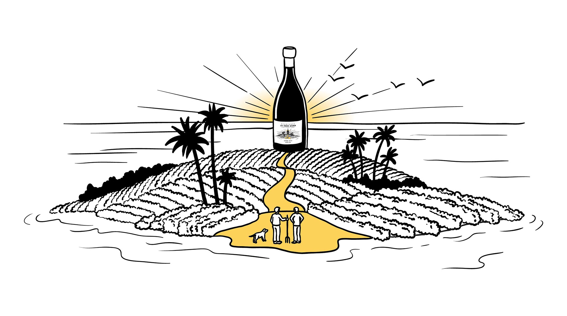 Illustration d'une île paradisiaque couverte de vignes