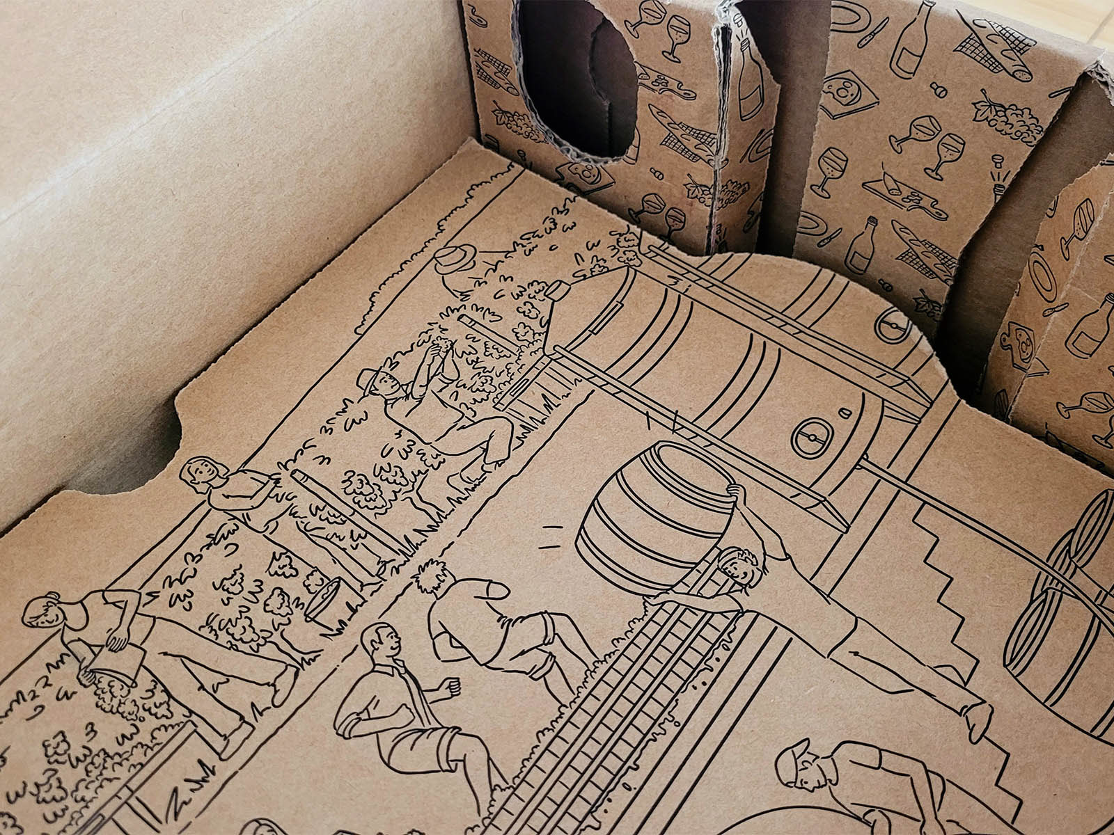 Intérieur d'un carton de vin illustré