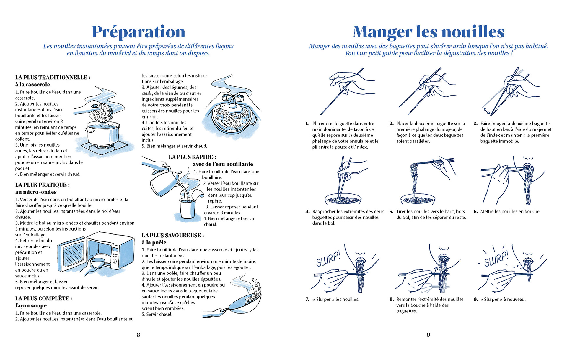 Maquette des pages d'information pratiques d'un livre de cuisine sur les nouilles instantanées